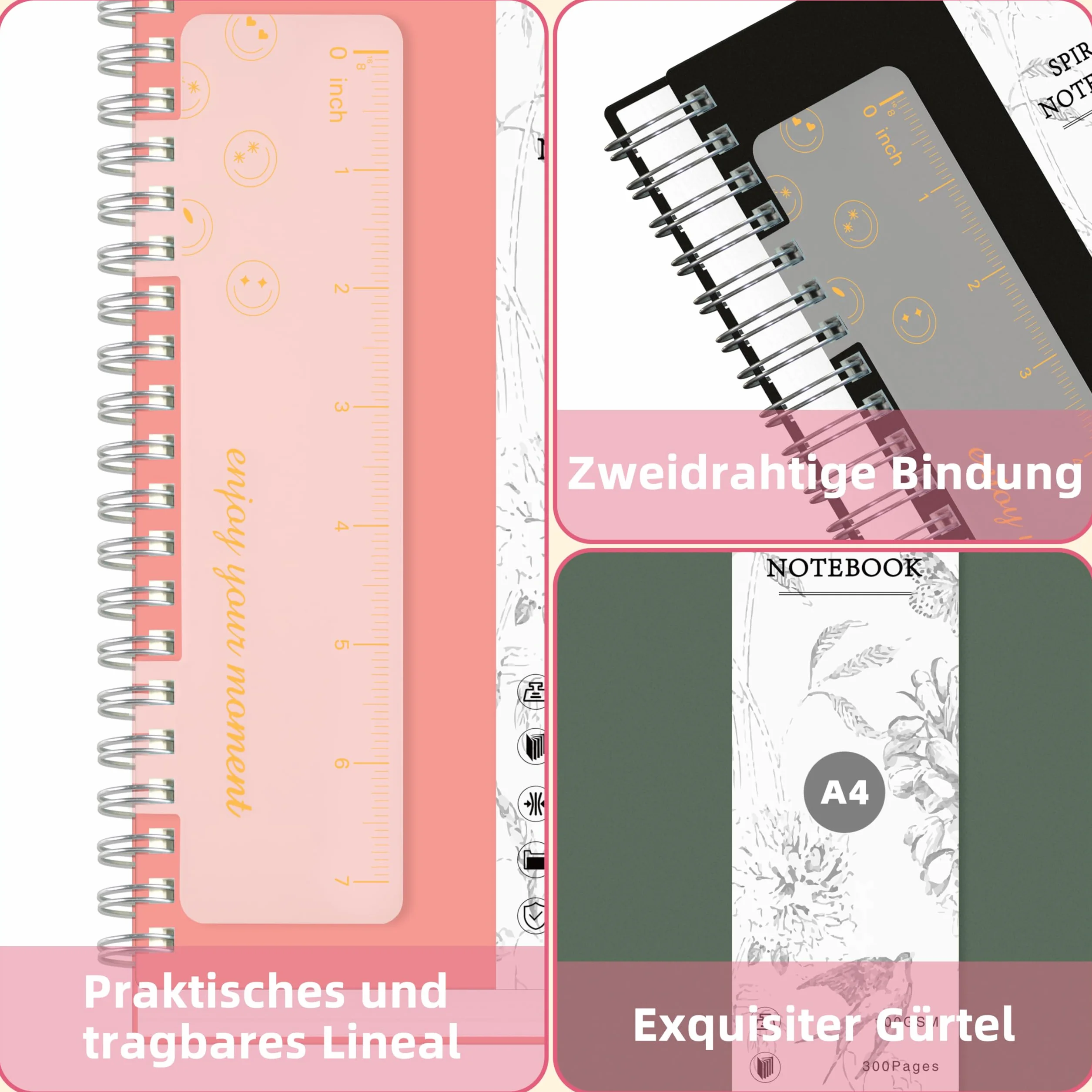 Notebook A5 kropkowane, Bullet Dot Journal, 300-stronicowe spiralnotizbuch, 100 g/m² Papier festiwalowy, pvc twarda okładka, z linijką, torby rozszerzające-Zielony