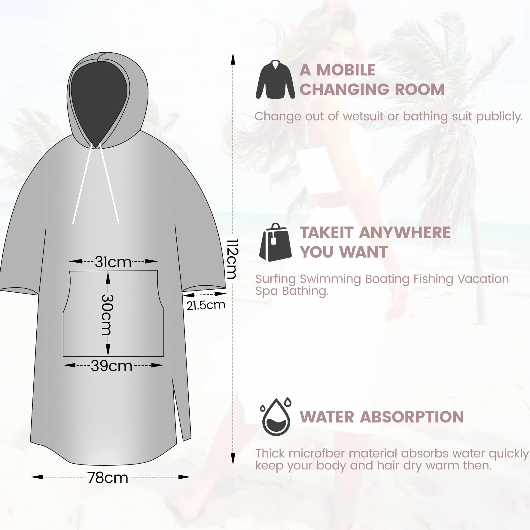 Ponczo surferskie unisex z ręcznikowej bawełnianej tkaniny frotte, szlafrok do przebierania, do pływania, na plażę, rozmiary dla dorosłych