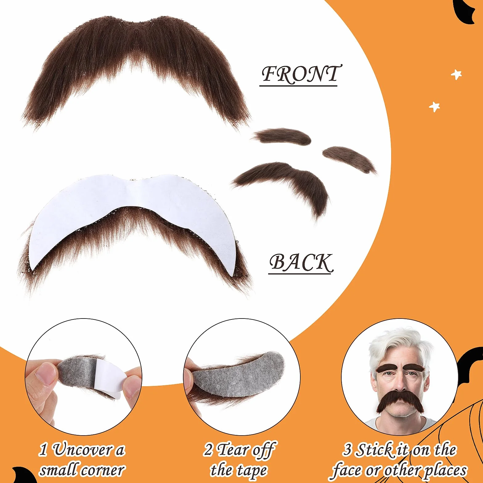 YUXIANLB Sztuczne wąsy i brwi, samoprzylepna sztuczna broda, nowatorskie włosy na twarz do kostiumów cosplay, na imprezy Halloween, brązowy