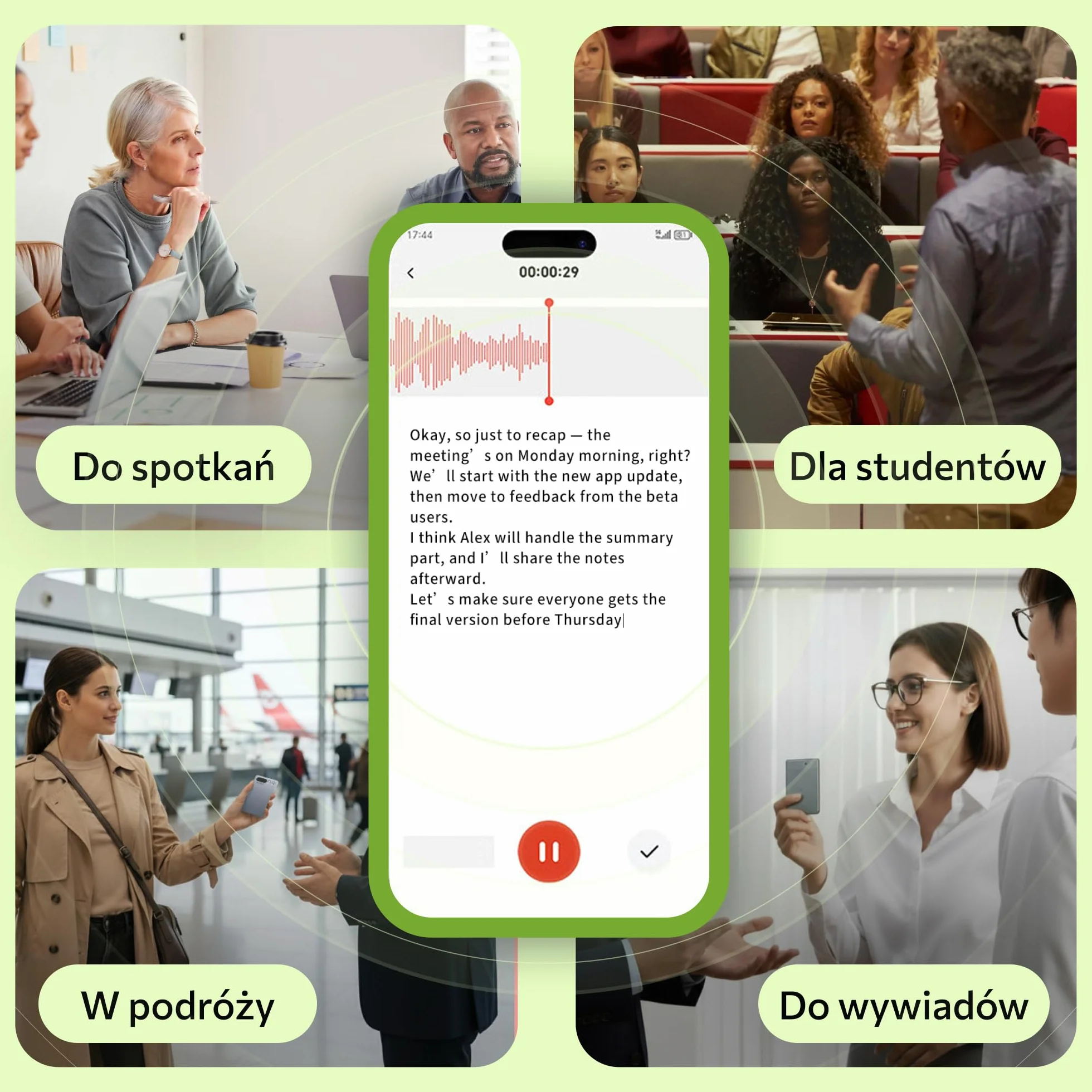 Dyktafon Cyfrowy AI 64GB z Podwójnym Mikrofonem i Redukcją Szumów – 35 h Nagrywania, Bluetooth 5.3, Aplikacja do Transkrypcji i Tłumaczenia (118+ Języków) - HUXGO®