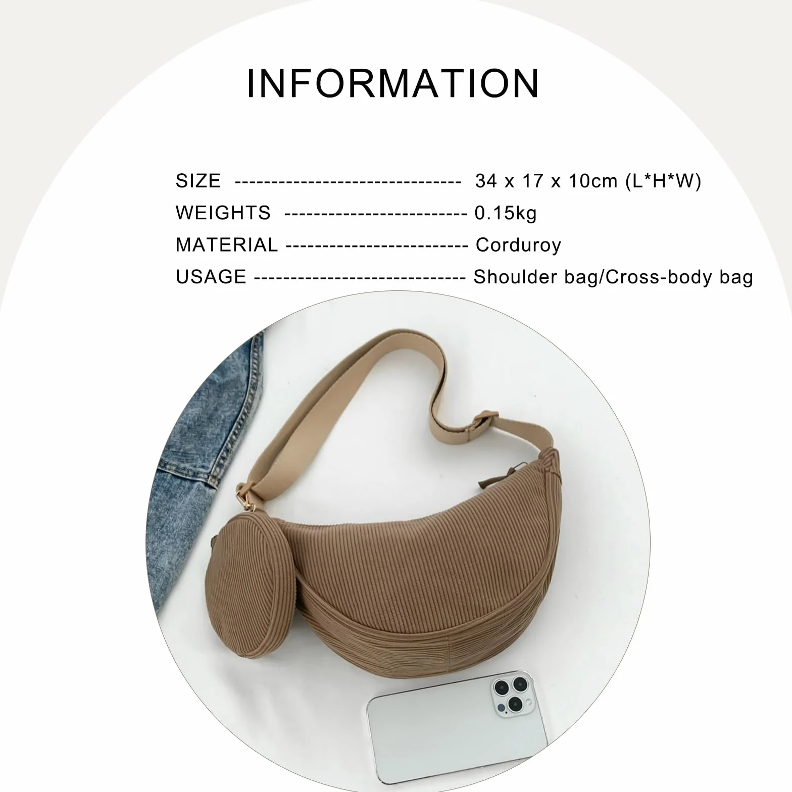 Moon Bag Cord torba na ramię damska mała – mała torebka damska Crossbody Bag Cord, torba na ramię z regulowanym paskiem, stylowy zestaw toreb na brzuch