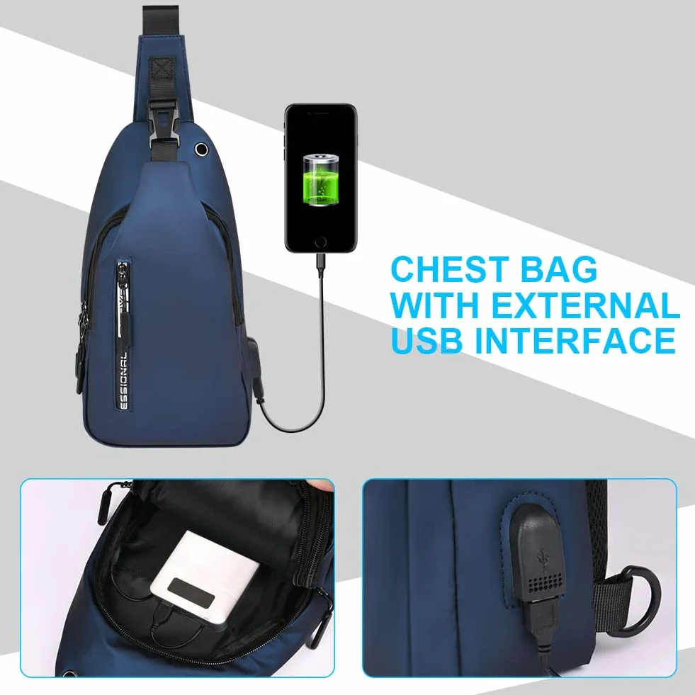 Aucuu Torba na klatkę piersiową, biznesowa torba na ramię, wodoodporna torba na ramię z portem ładowania USB, torba crossbody dla mężczyzn, na podróż, wędrówki, sport, jazdę na rowerze, NIEBIESKI