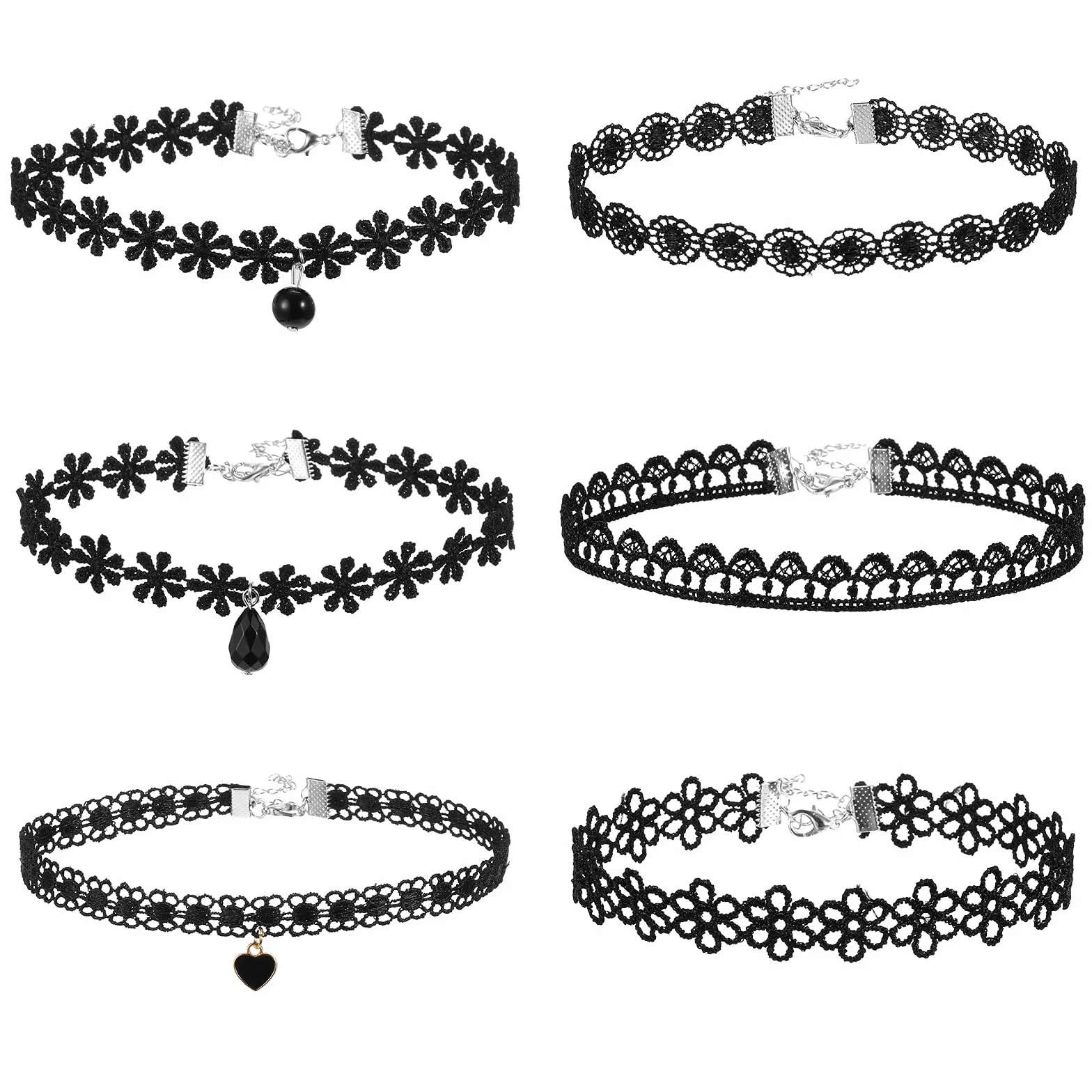 Nogeqi 6 czarnych naszyjników damskich typu choker, regulowany, czarny, aksamitny, gotycka biżuteria, akcesoria gotyckie, klasyczne czarne koronkowe naszyjniki dla kobiet i dziewcząt, do tańca, na