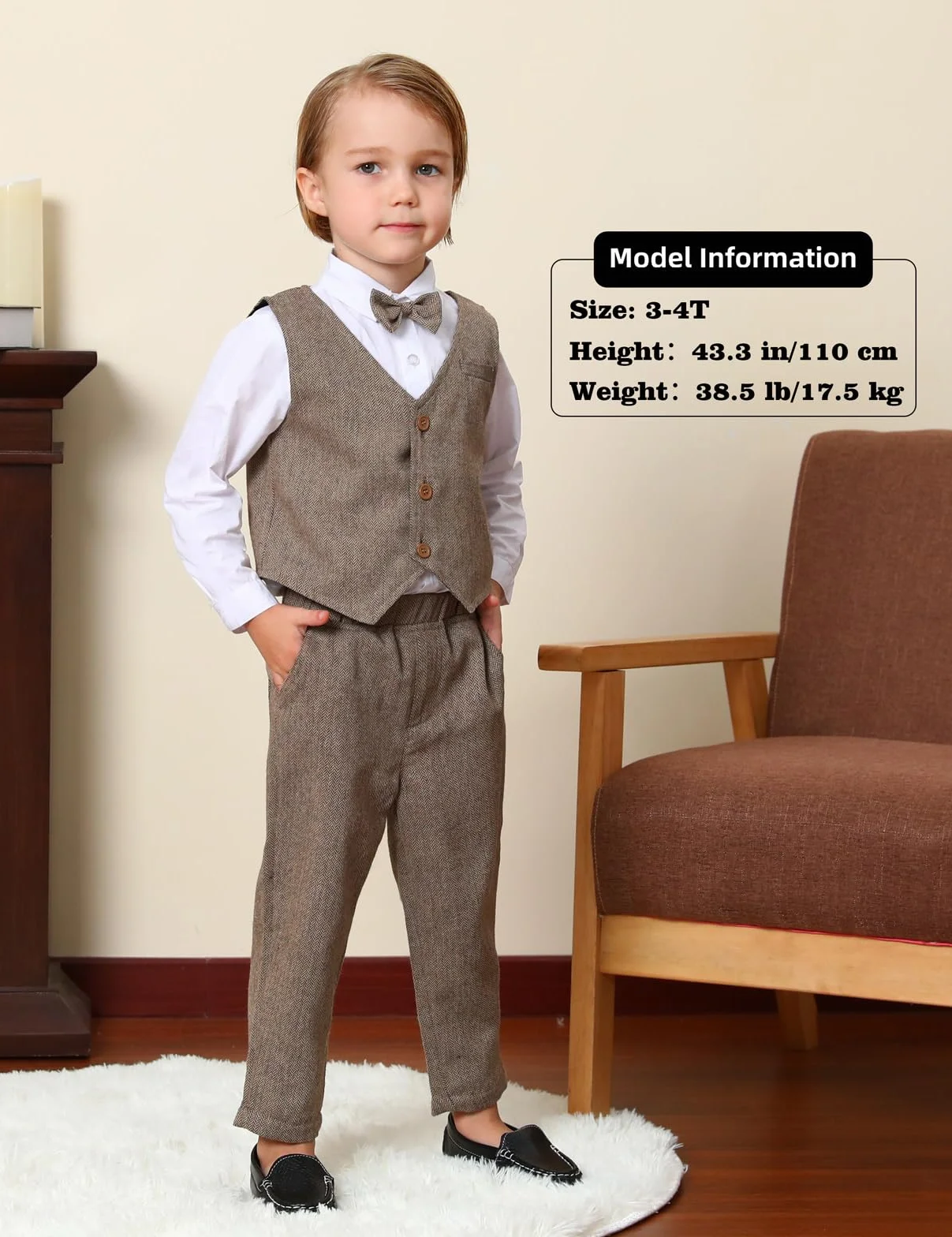 mintgree Garnitury Ślubne dla Dzieci, 3PCS Tweed Herringbone Strój do Chrztu Zestaw Ubrania Koszulka + Kamizelka + Spodnie + Muszka, 1-4 lata