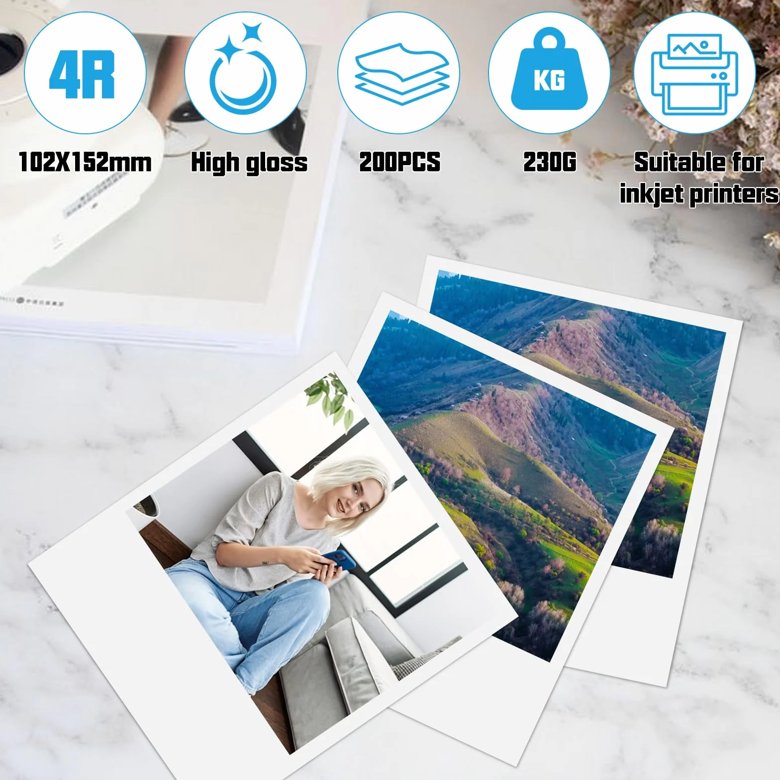 200 arkuszy papieru fotograficznego 10 x 15 cm, 200 g/m², papier fotograficzny o wysokim połysku, fotograficzny, satynowy, fotograficzny A6 do drukarek atramentowych, kart fotograficznych