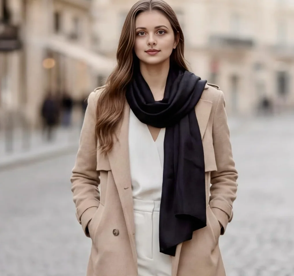 Damski jedwabny szal w 100% z jedwabiu, szalik, jednokolorowy, biały, czarny, 180 x 90 cm, jednokolorowy, do garnituru, formalne okazje, styl biznesowy, prezent dla niej