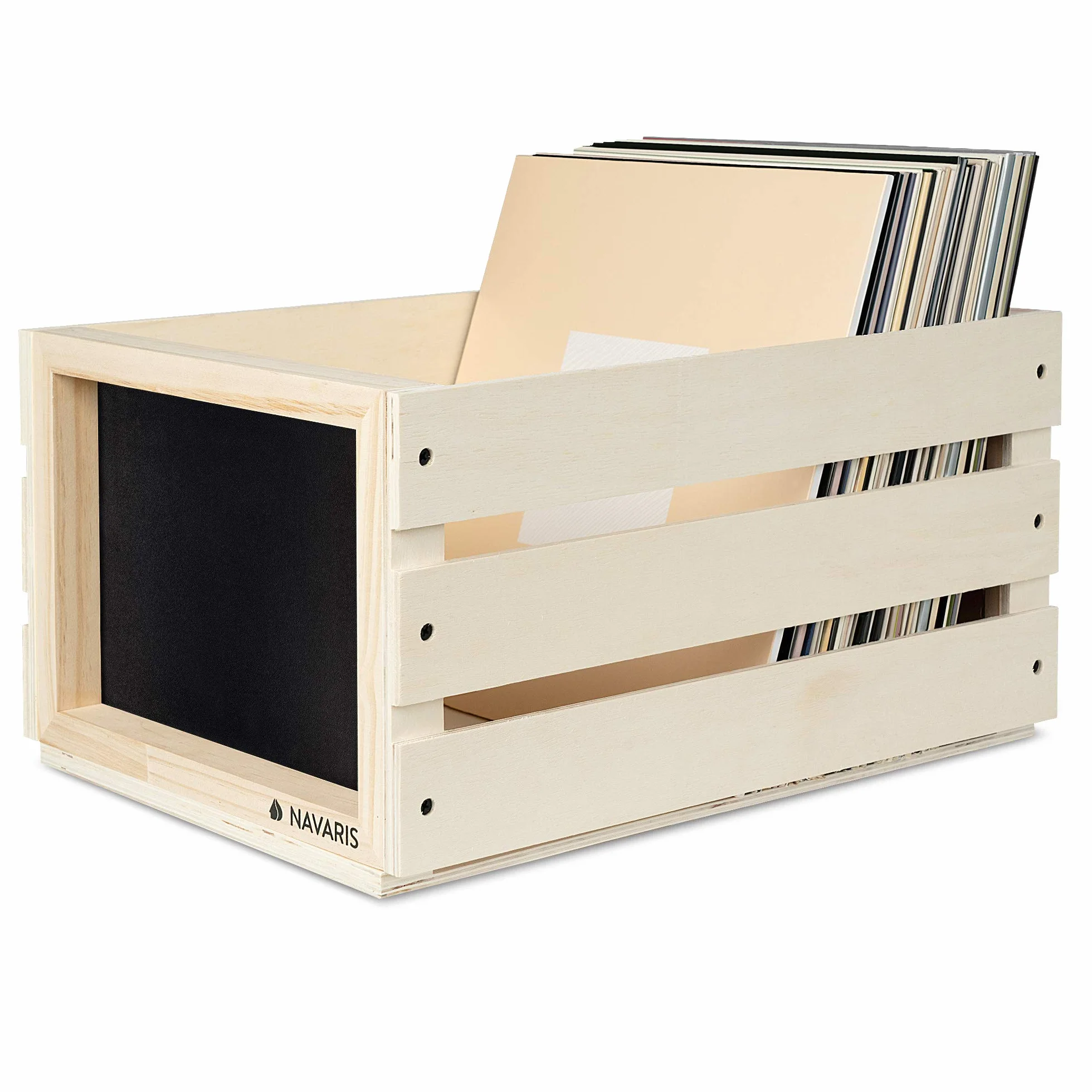 Navaris Drewniana skrzynka na płyty - stojak do przechowywania albumów winylowych, drewniane etui z tablicą kredową, pomieści do 80 płyt LP, naturalna