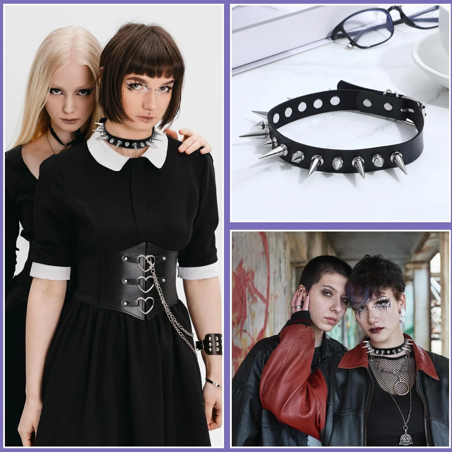 Długi gotycki choker, kolczasty kołnierz, skórzany naszyjnik, koltwisty krawędź, koczki, klasyczny styl 80. 90., biżuteria emo punk
