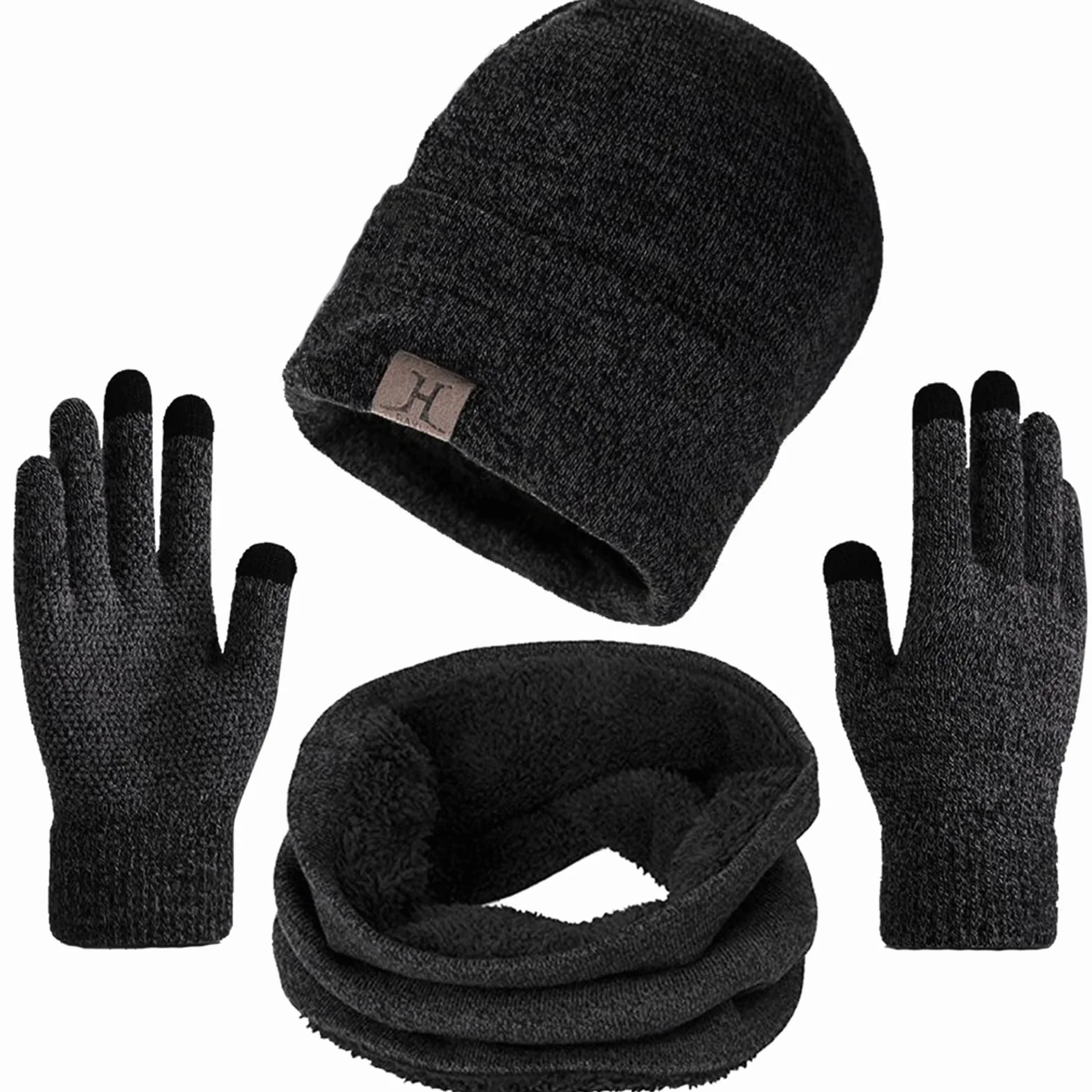 Komplet czapka szalik rękawiczki dla mężczyzn i kobiet, na zimę, z dzianiny, termiczny beanie, snood i rękawiczki z ekranem dotykowym, miękka podszewka z polaru, czapka zimowa dla mężczyzn i