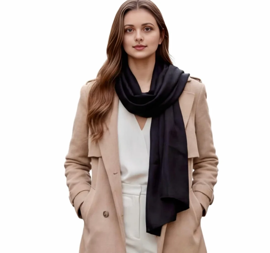 Damski jedwabny szal w 100% z jedwabiu, szalik, jednokolorowy, biały, czarny, 180 x 90 cm, jednokolorowy, do garnituru, formalne okazje, styl biznesowy, prezent dla niej
