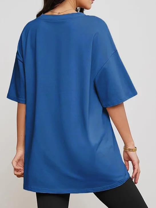 Haibang Koszulka Damska Oversize z Krótkim Rękawem Dekolt w Serek Letnie Topy Luźna Bawełna Casual Klasyczny Top Basic Tee Shirt Jednolity Kolor Bluzka z Szerokim Ramieniem