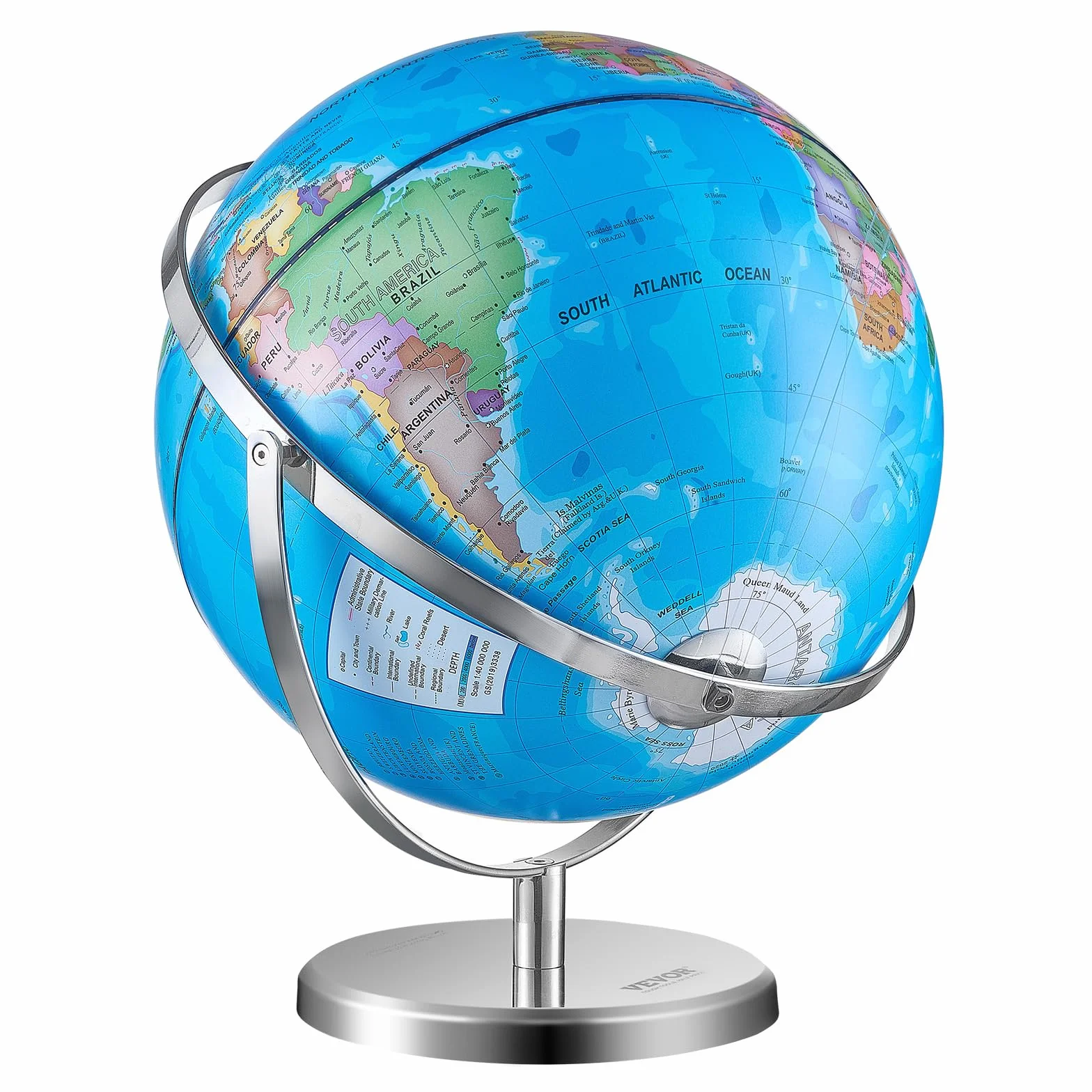 VEVOR Obrotowy Globus Światowy ze Stojakiem 330,2 mm - Edukacyjny Geograficzny z Precyzyjnym Materiałem ABS, Strefą Czasową, Obracający się 720° dla Dzieci, Nauki, Klasy