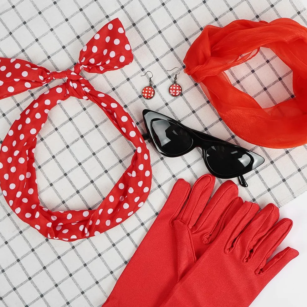 Akcesoria do kostiumów z lat 50., 5 szt. fantazyjny zestaw okularów w kształcie kocich oczu, bandana w kropki, opaska na głowę, rękawiczki, fantazyjny strój dla kobiet na imprezę retro z lat 50