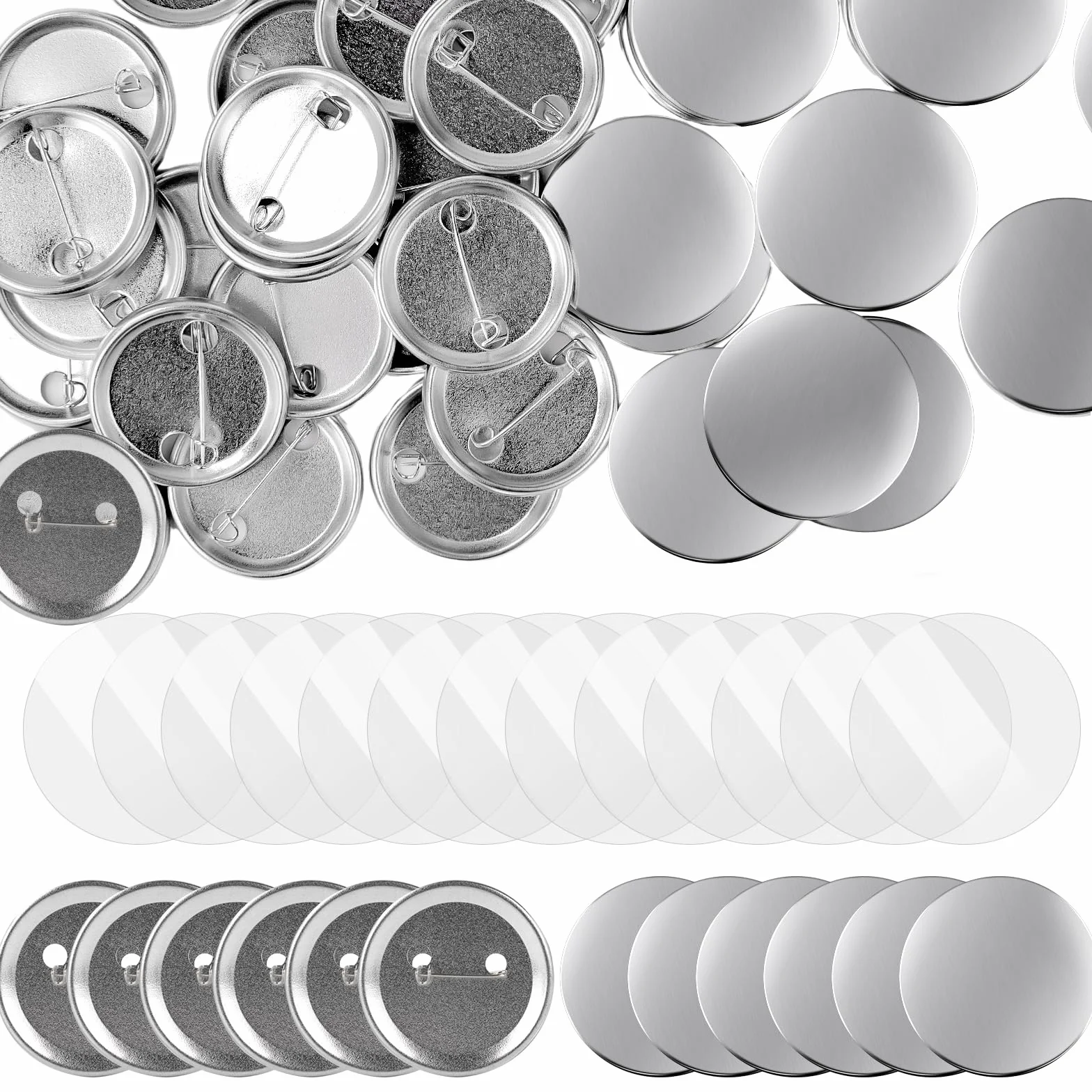 200 zestawów 32 mm pustych guzików do produkcji akcesoriów, okrągłe, puste przypinki, elementy guzikowe, metalowe guziki, szpilka, zestaw przypinek do rękodzieła, prezentów, biała blacha (srebrna)