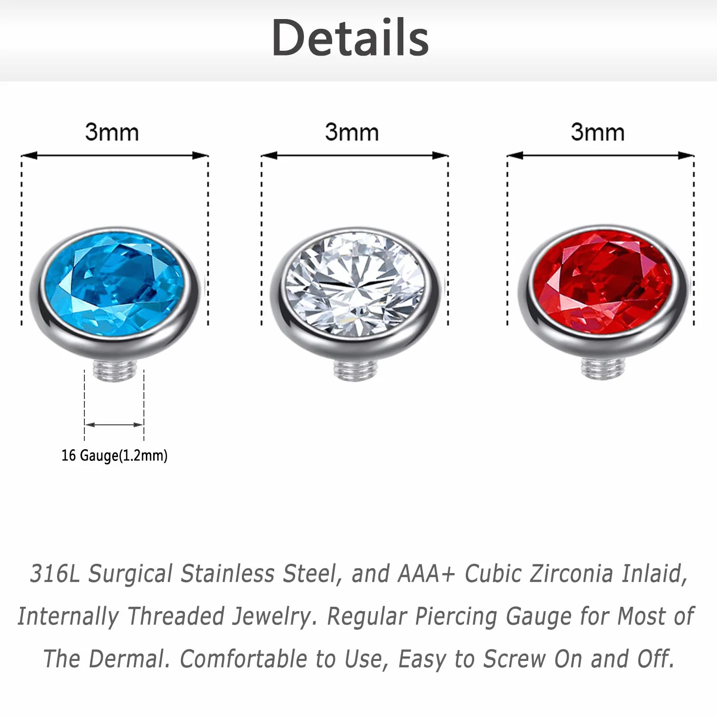 Zestaw kolczyków, rozmiar 14, stal chirurgiczna, gwintowanie wewnętrzne, kotwica, baza, piercing dla kobiet, mężczyzn, 14 / 15 szt., cyrkonia, 2 mm, 3 mm, 4 mm, Stal nierdzewna, Cyrkonia sześcienna,