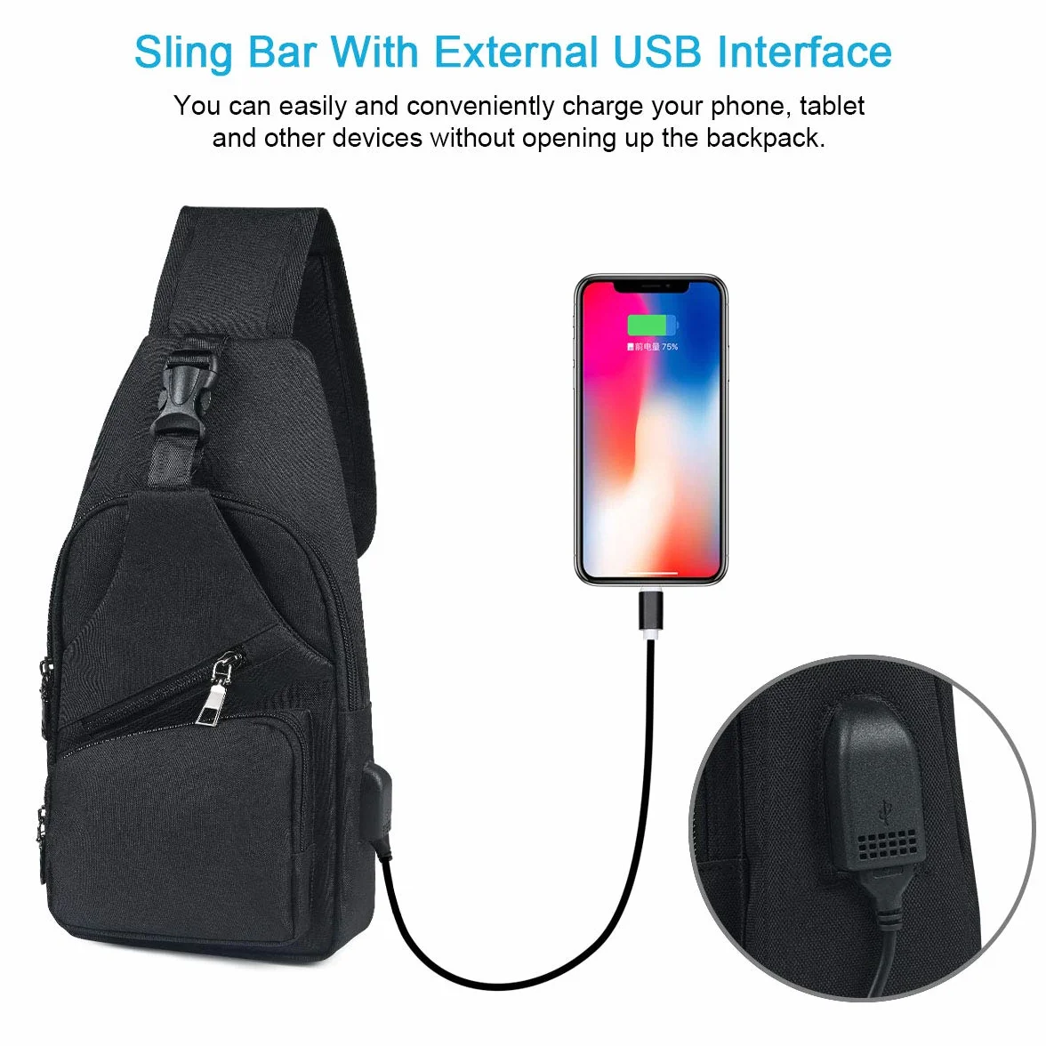flintronic Torba na ramię, torba na klatkę piersiową z portem ładowania USB, dla mężczyzn i kobiet, lekka torba crossbody, do wędrówek, jazdy na rowerze, podróży
