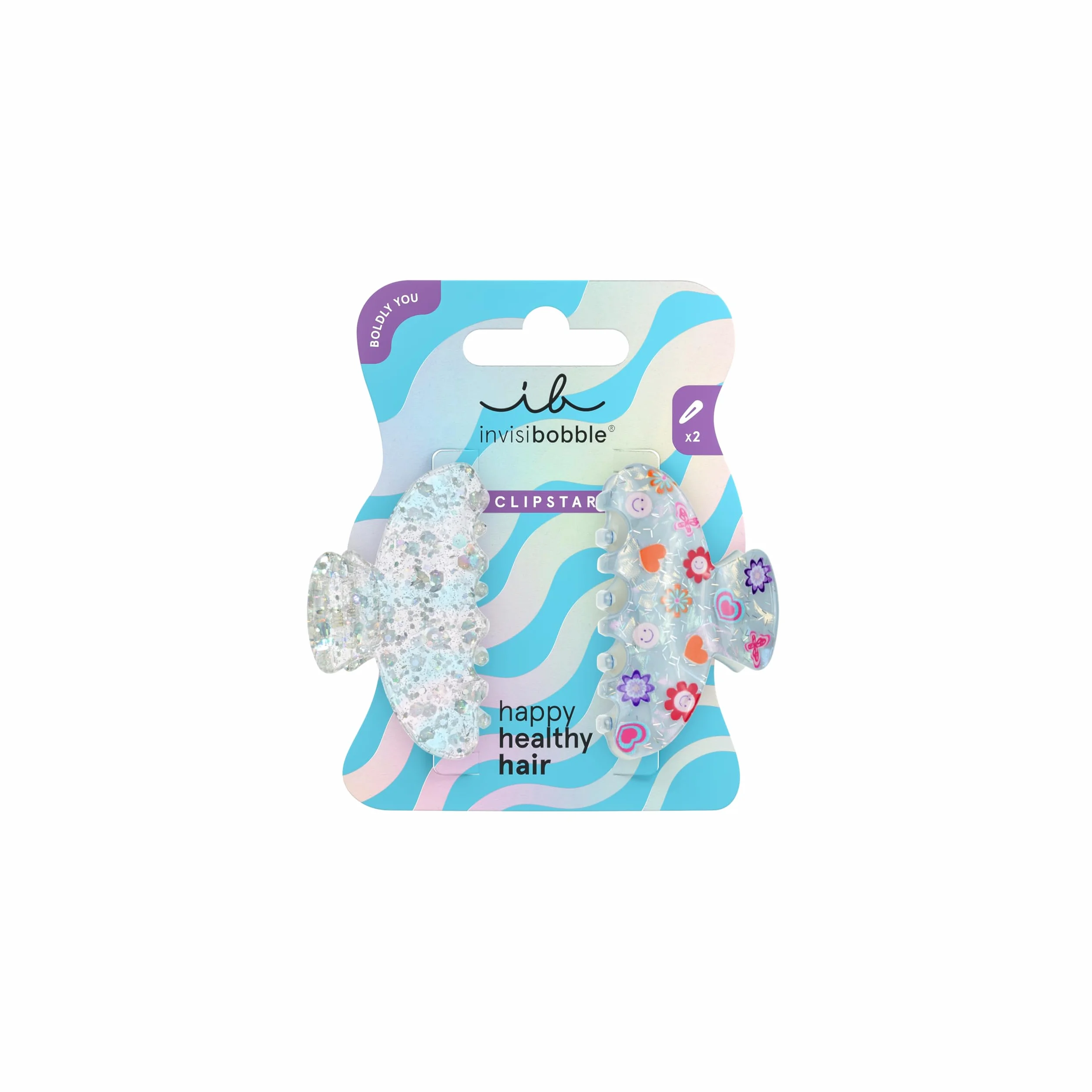 invisibobble Spinka do włosów damska (2 sztuki) brokatowa – spinka do włosów średniej wielkości, srebrna Smiley – Clipstar Cosmic Glow iskrząca – stylowa ozdoba do włosów, pewna siebie, fantazyjna