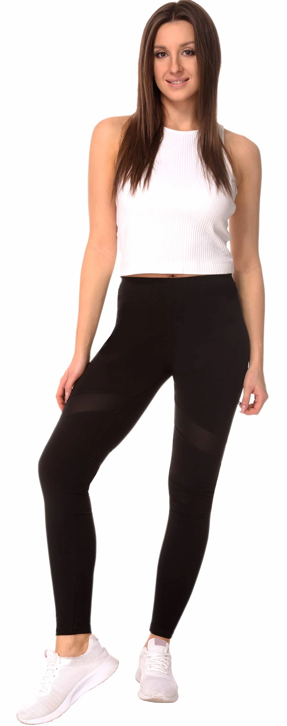 Legginsy damskie do kostek do jogi, fitnessu, długie spodnie streetwear i sportowe z wstawkami z siatki, wysoka elastyczność, odzież sportowa, Czarny - Tiny Net, L