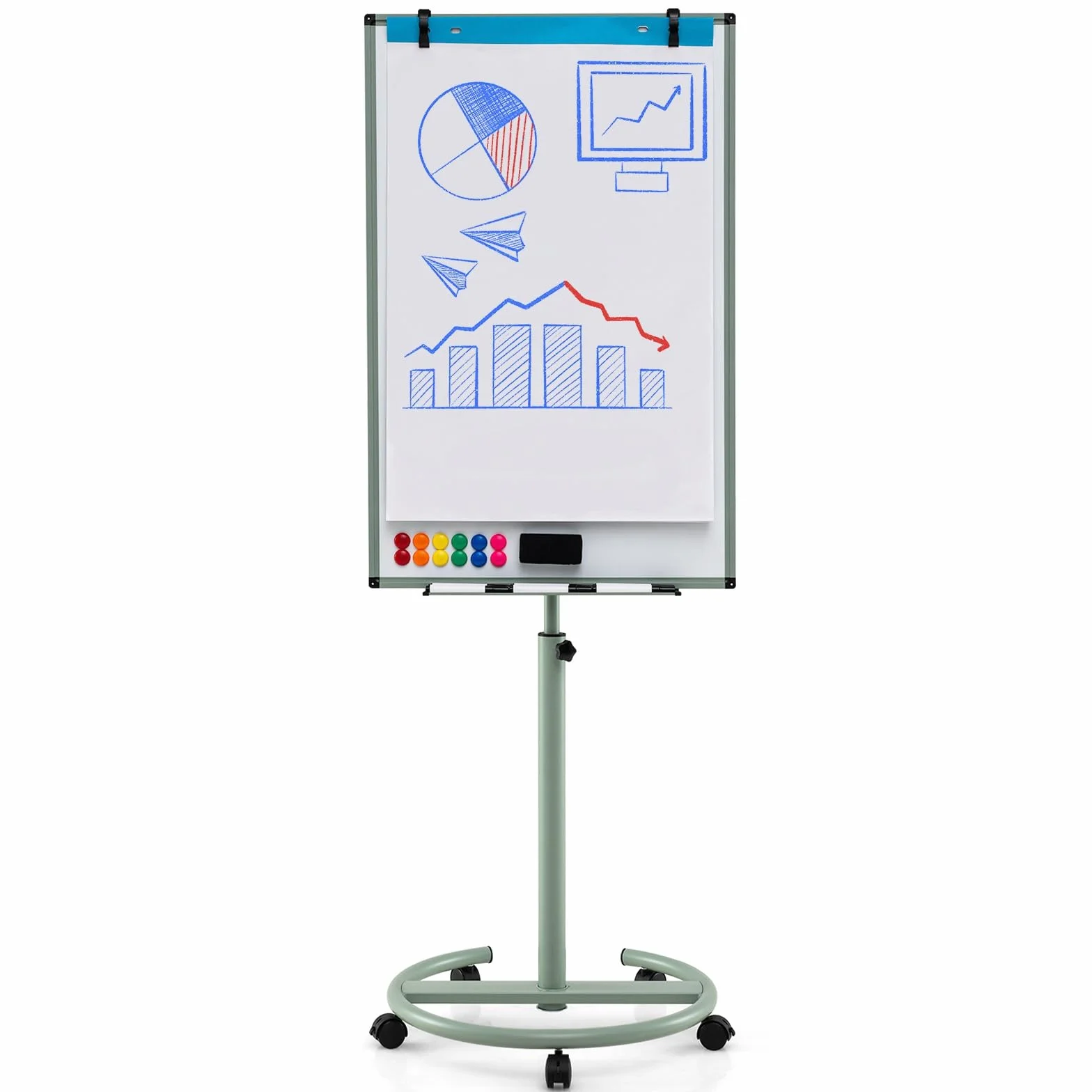 GIANTEX Stojak na flipchart 100 x 65 cm, mobilna tablica suchościeralna z nóżką na rolki, z regulacją wysokości i magnetyczną tablicą suchościeralną z półką na długopisy, zmywalna na sucho (zielony)