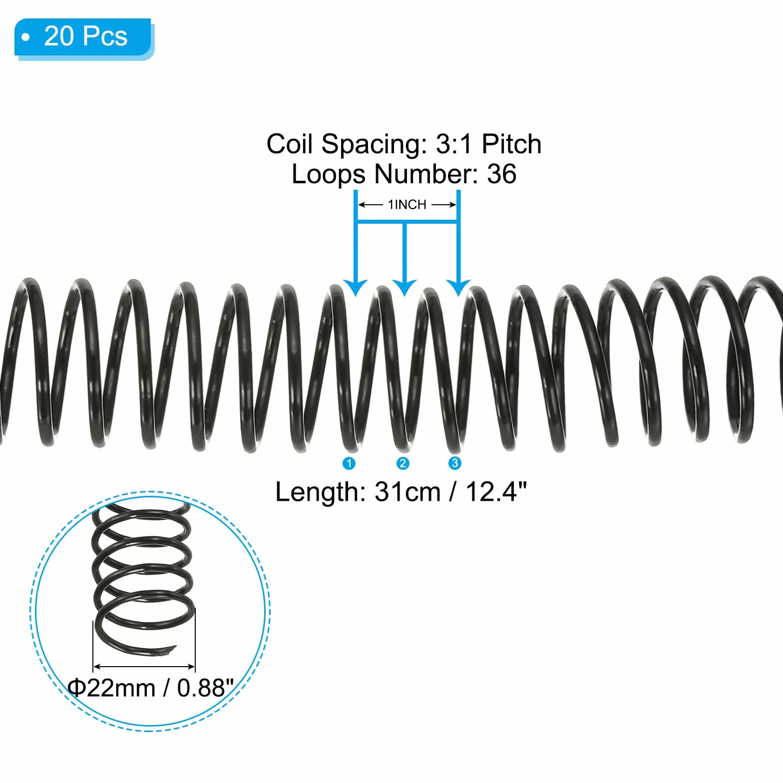 PATIKIL 22 mm (7/20.3 cm) plastikowe spiralne cewki wiążące, 20 szt. spirali wiążących, pojemność 190 arkuszy, spirale do wiązania arkuszy papieru, czarne