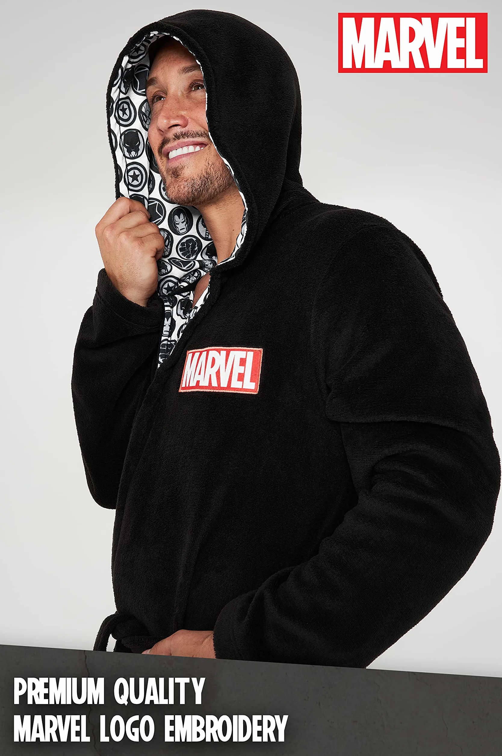 Marvel Szlafrok męski, puszysty, polarowy szlafrok poranny z kapturem