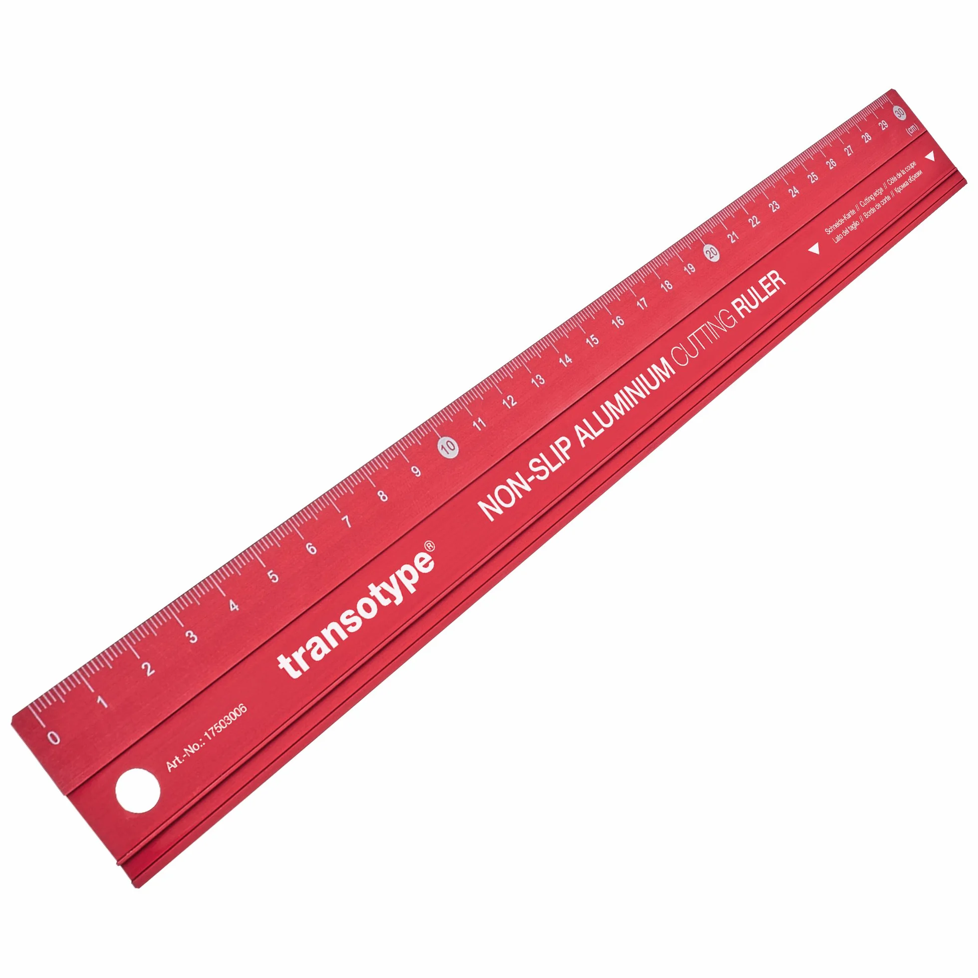 Linijka do cięcia o długości 30 cm, wykonana z aluminium w kolorze jaskrawoczerwonym, antypoślizgowa, wytrzymała, z wyjątkowo prostym ostrzem