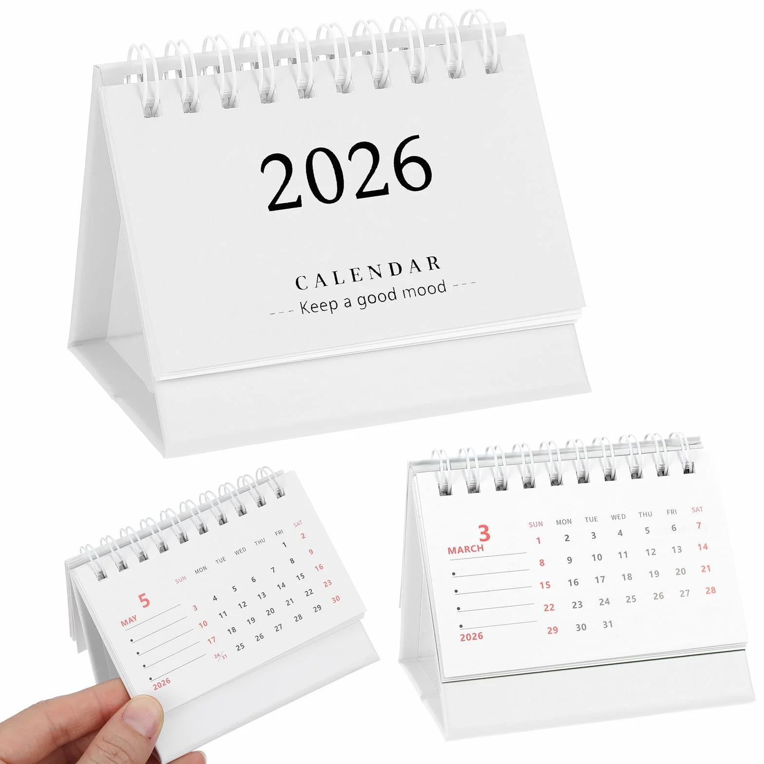 Tyqour Mały kalendarz biurkowy 2025-2026, mini kalendarz, stojący, z klapką, na biurko 2025-2026, metalowy pierścień, kompaktowy rozmiar, do domu, biura, szkoły, biały