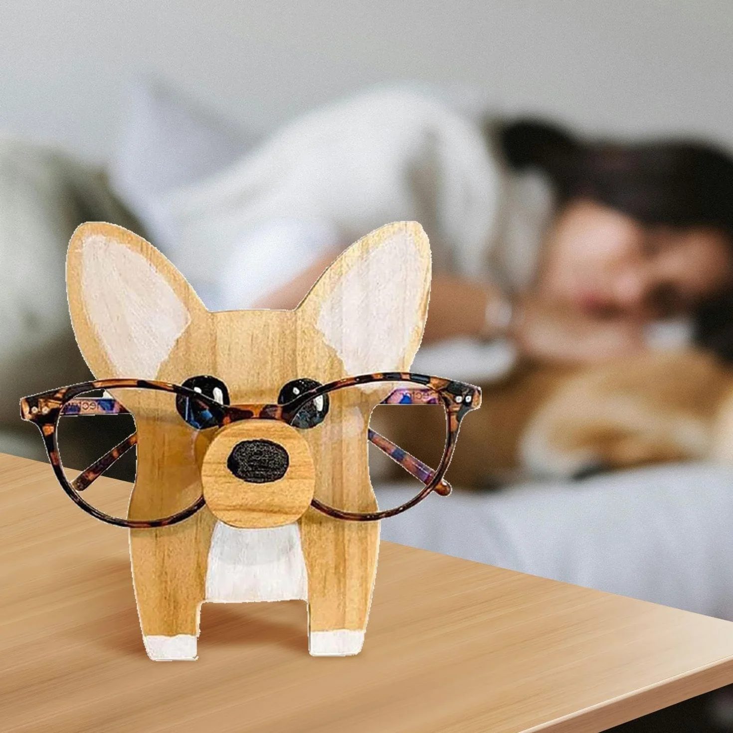 1 x okulary Corgi E 1 x ramka do okularów pingwina, kreatywne oprawki do okularów dla zwierząt, dekoracja pulpitu, Kolor drewna
