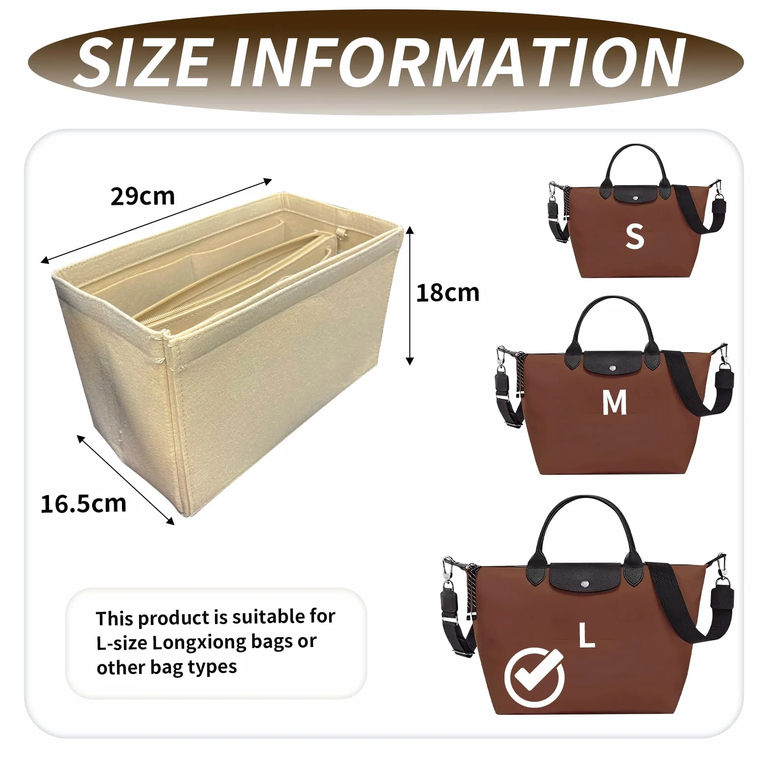 Modny organizer odpowiedni do torebki, organizera torebek damskich, torba na ramię, wiele kieszeni filcowych dla kobiet (beżowy, L 25 x 15 x 16 cm)