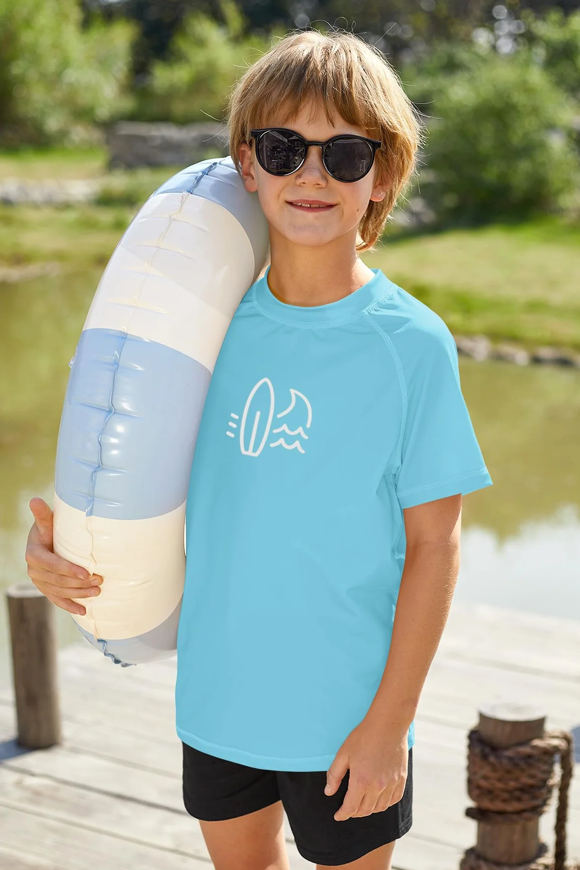 BesserBay Koszulka chłopięca UV UPF 50+, dziecięca Rashguard, krótki rękaw, okrągły dekolt, koszulka kąpielowa, 110-160