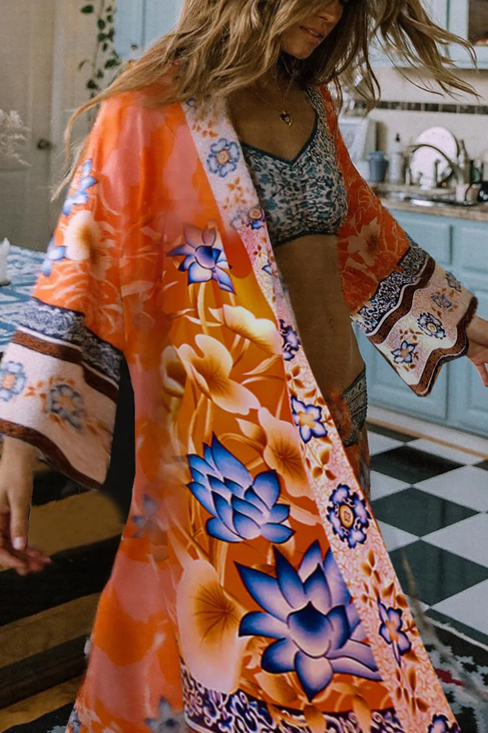 Damski bawełniany kardigan boho długie kimono plażowy strój kąpielowy okrycie sukienka plus size szlafrok