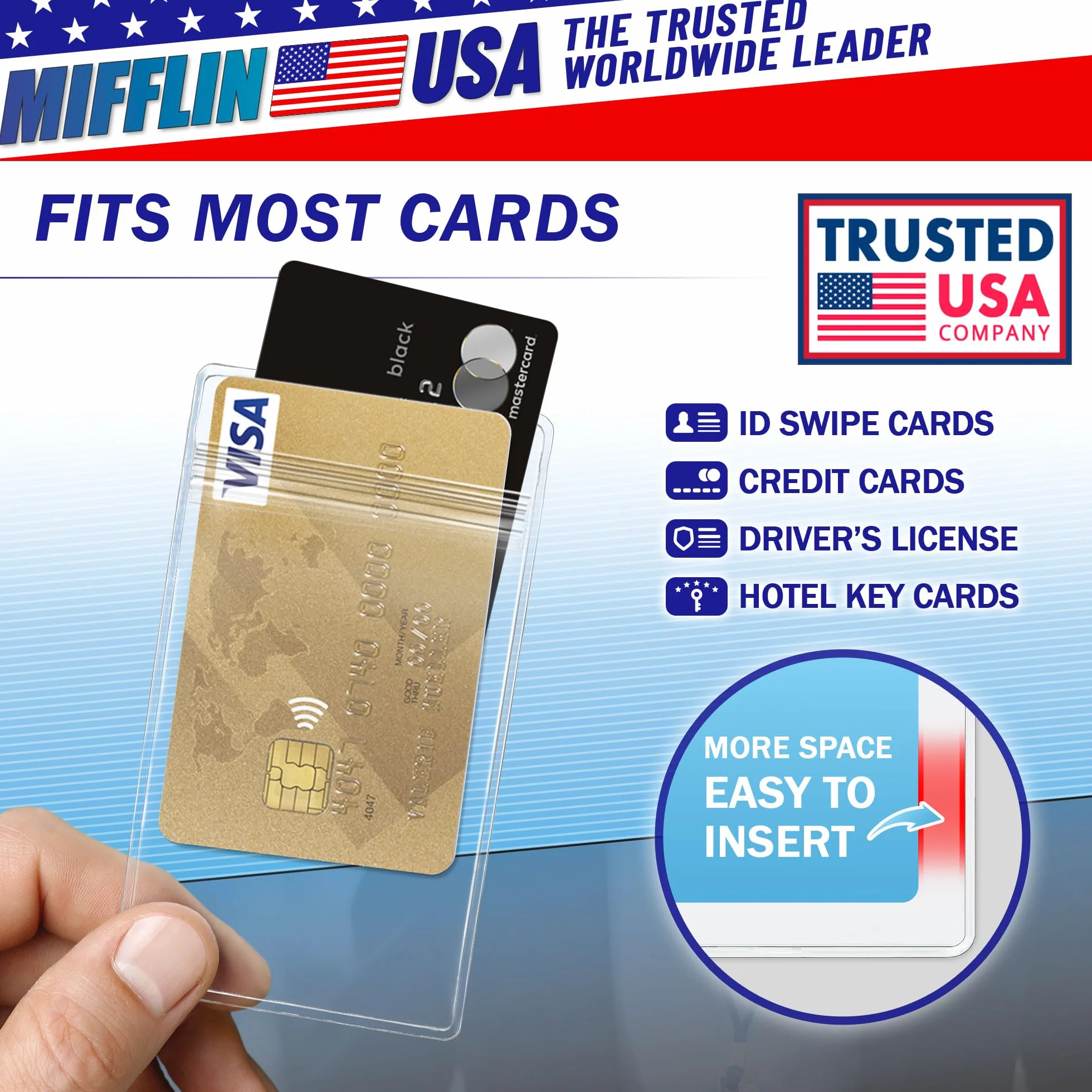 Mifflin Plastic Waterproof ID Badge Holders (Clear, 5,7x8,9 cm, 10 Pack) Vertical Hanging Name Card Holder with Zipper, Resealable Bulk