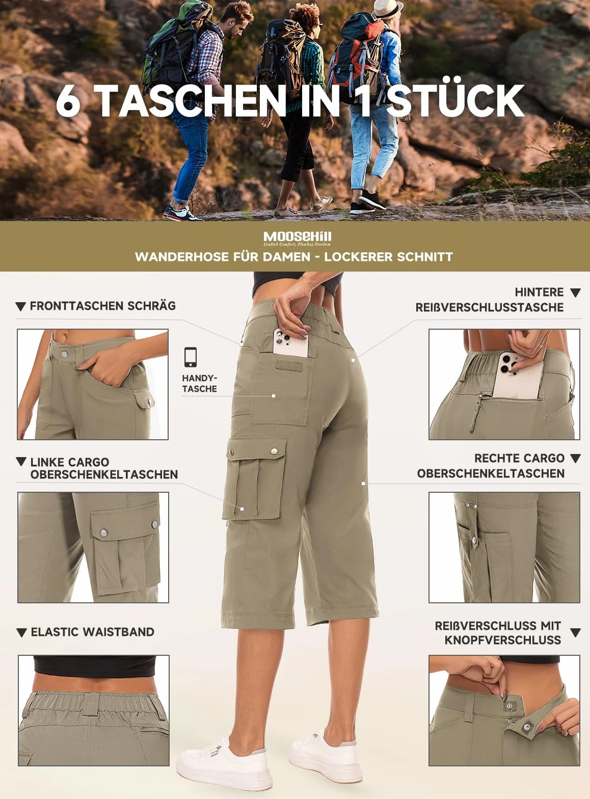 Moosehill Spodnie damskie 3/4 Cargo Capri, spodnie trekkingowe, wodoszczelne, oddychające, spodnie cargo, spodnie letnie, ze stretchem, do uprawiania sportu, z 6 kieszeniami