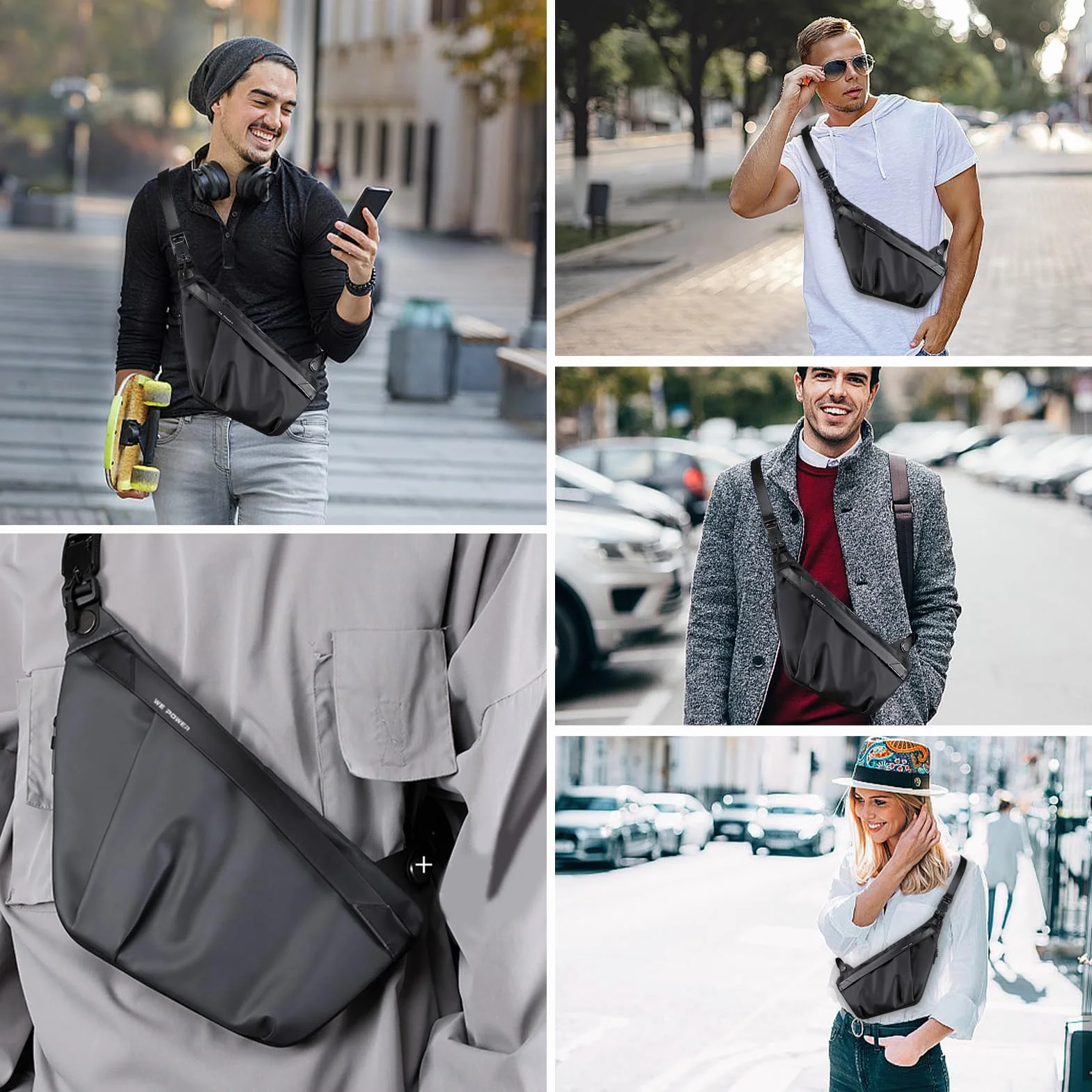 Sling Bag męska torba na klatkę piersiową, torba na ramię ze skóry PU, torba crossbody, wodoszczelna i antykradzieżowa, wielofunkcyjna torba podróżna na co dzień, wędrówki i aktywności na