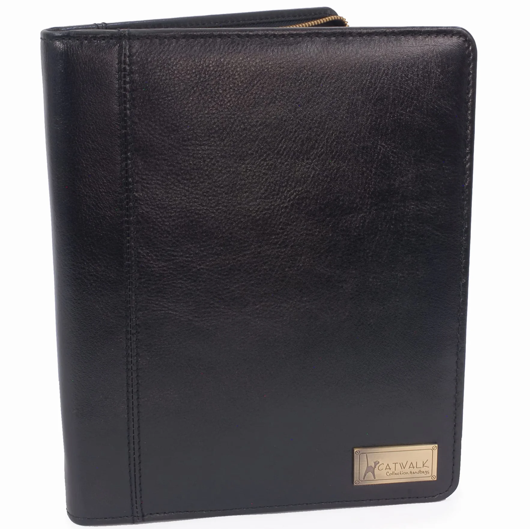 Catwalk Collection Handbags - Damska Skórzana Teczka Konferencyjna A5 - Folder na Zamek - Etui na Dokumenty, Wizytówki i Tablet - Angela - Czarny