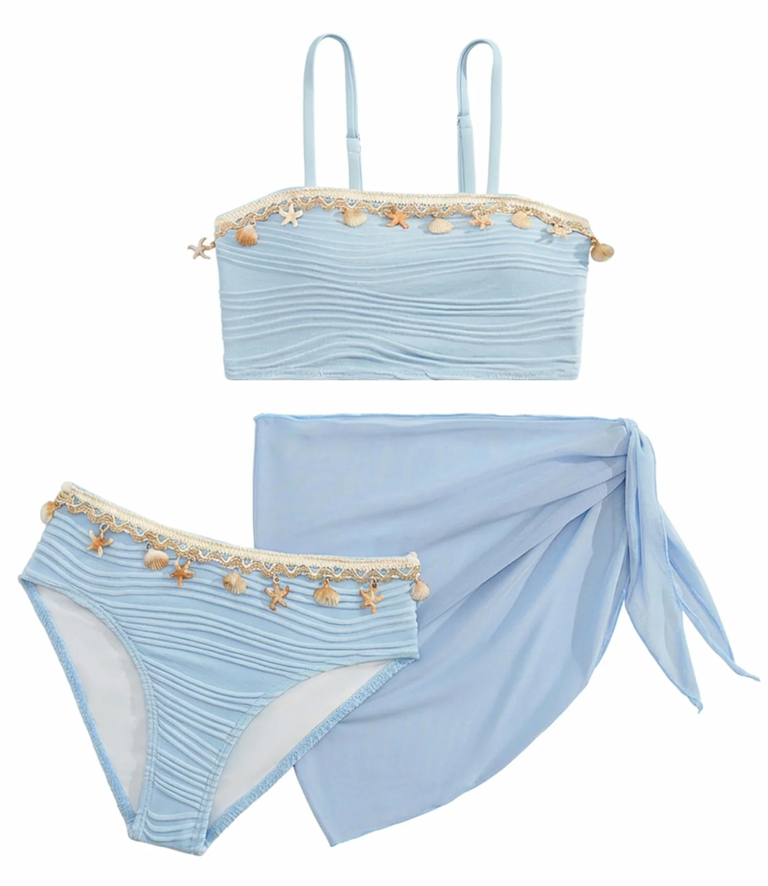 SEAUR Dziewczęcy zestaw bikini ze spódnicą z siateczki, 3-częściowy kostium kąpielowy, modny, muszla, moda kąpielowa, wyściełany, strój kąpielowy dla dzieci w wieku 8-12 lat