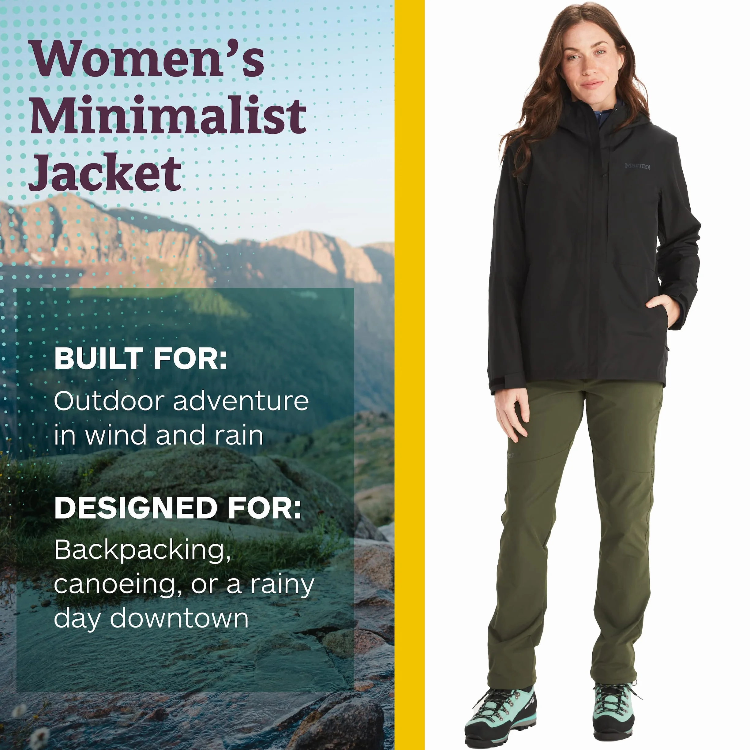 Marmot Kobiety Wm's Minimalist Jacket, Wodoodporna kurtka przeciwdeszczowa GORE-TEX, oddychający płaszcz przeciwdeszczowy z kapturem, lekka wiatrówka hardshell na wędrówki, Black, M