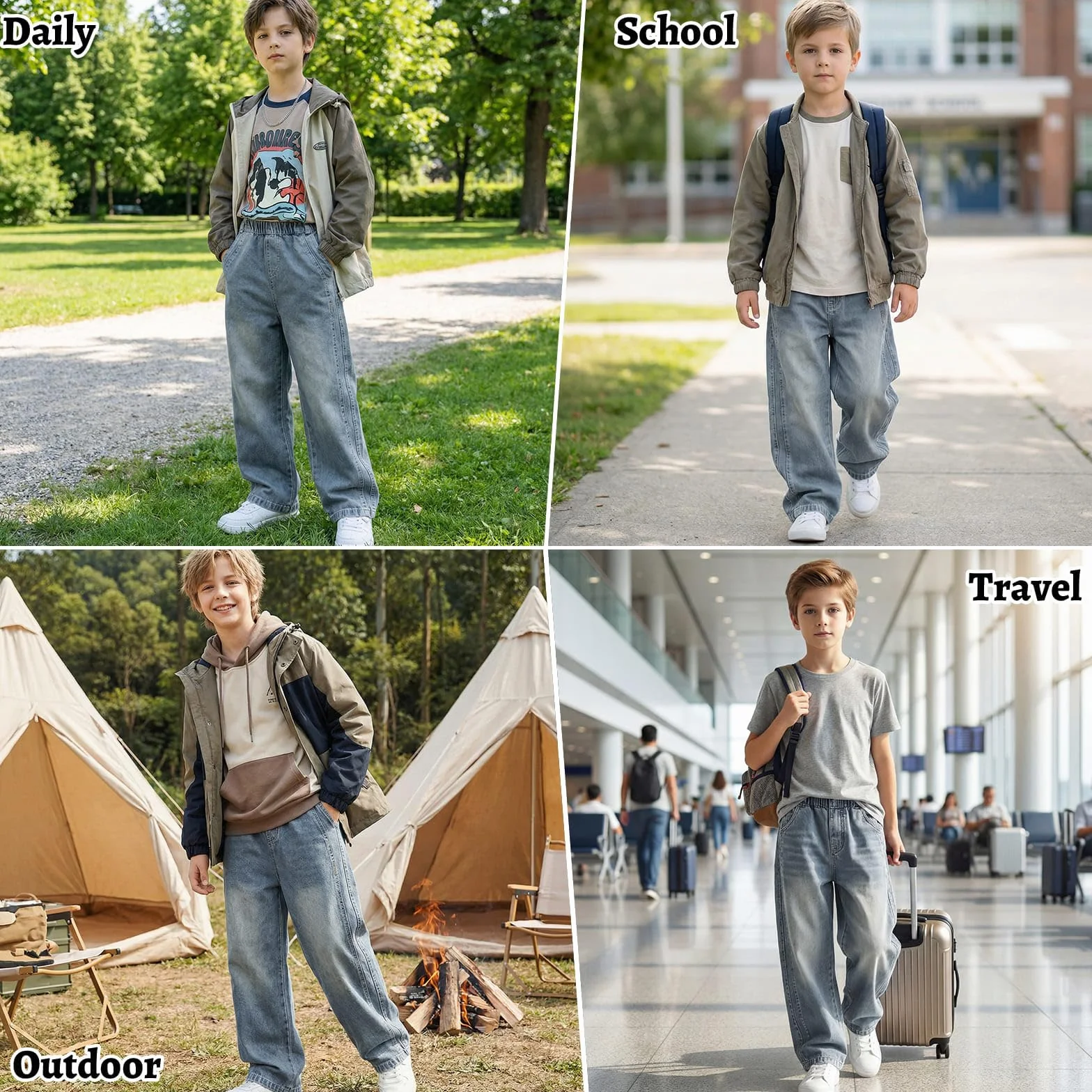 Chłopięce luźne dżinsy z elastyczną talią bojówki z kieszeniami, luźne jeansowe spodnie streetwear dla dzieci w wieku 7-15 lat