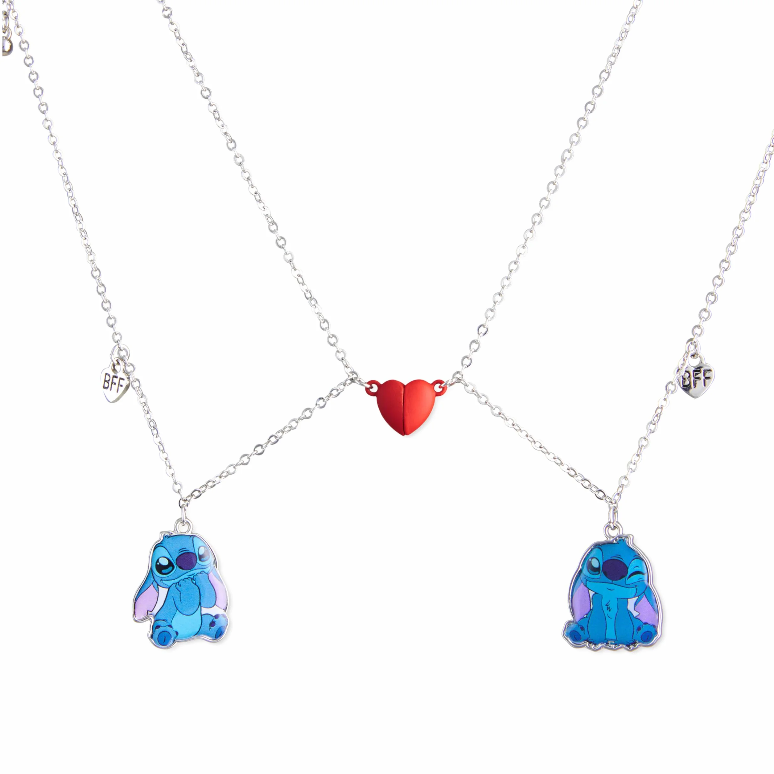 Disney Zestaw biżuterii dla dziewcząt Stitch, naszyjnik przyjaźni kolczyki bransoletka pierścionki-prezenty ściegu (srebrne 2 naszyjniki)
