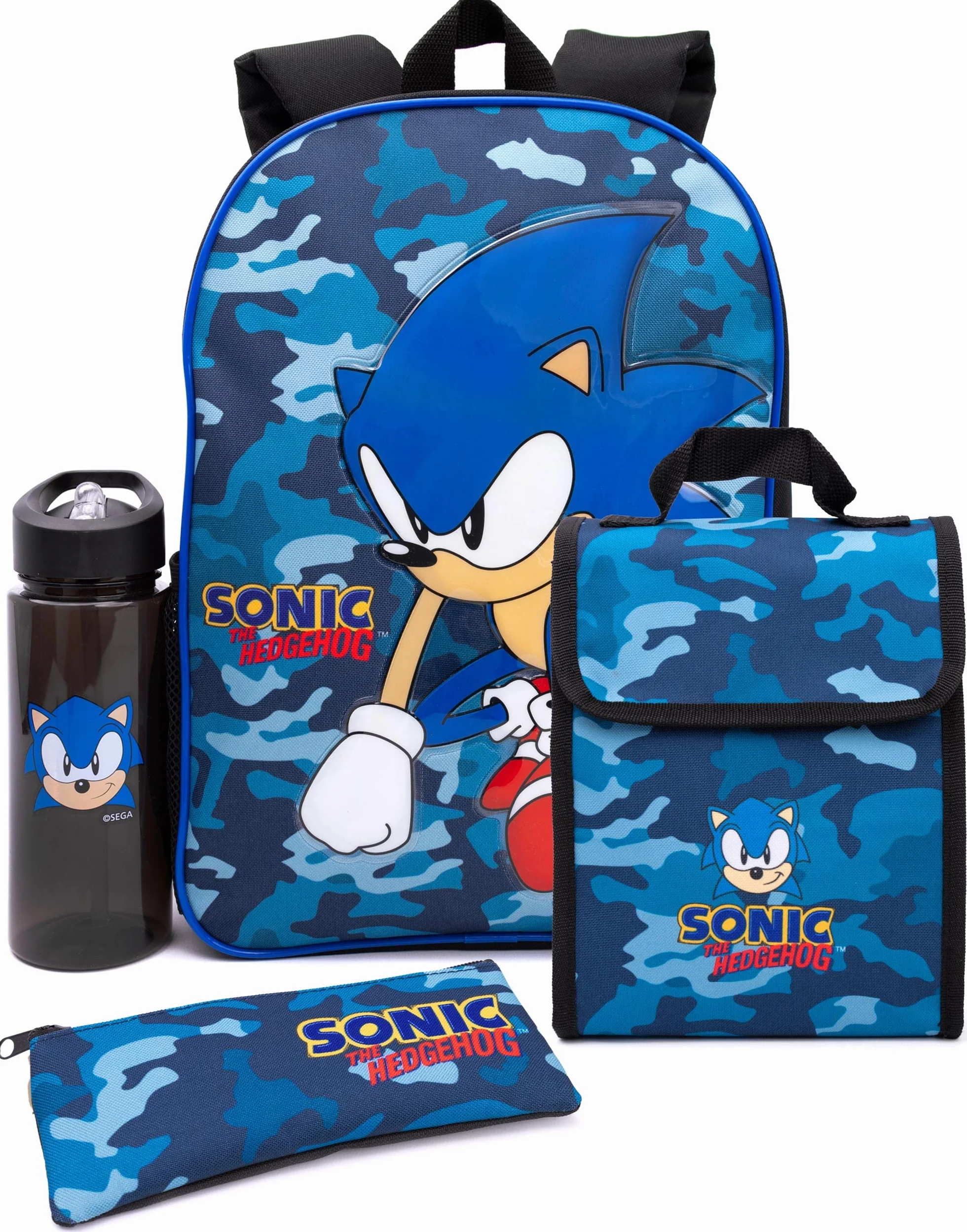 Sonic The Hedgehog Plecak dla chłopców | dziecięcy granatowy plecak szkolny moro, piórnik, butelka na wodę | gadżety do gier, NIEBIESKI, Rozmiar uniwersalny