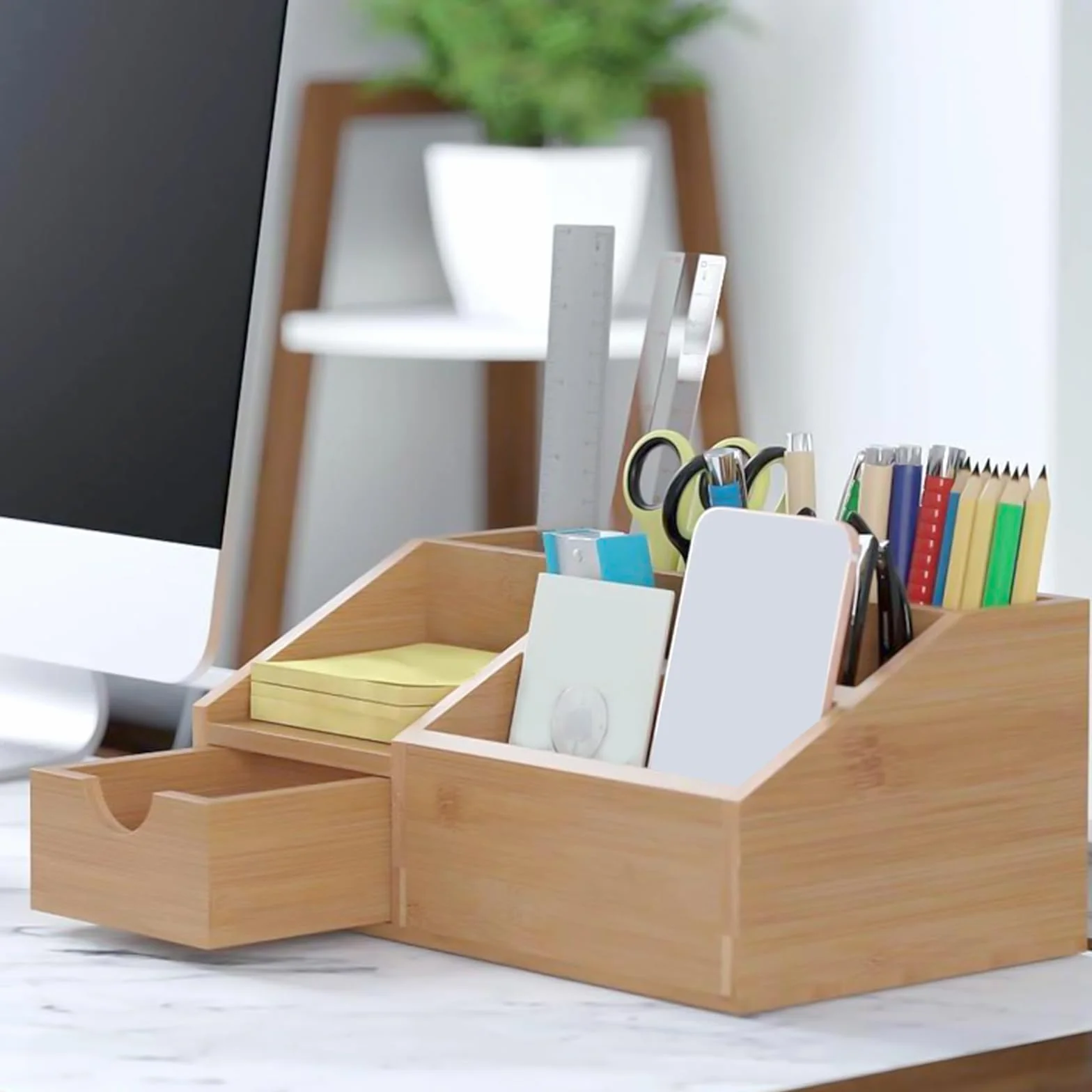 SINJEUN Drewniany organizer na biurko, organizer biurowy z szufladą i uchwytem na długopisy, bambusowy pojemnik na długopisy, półka na biurko, 24,5 x 15 x 11 cm