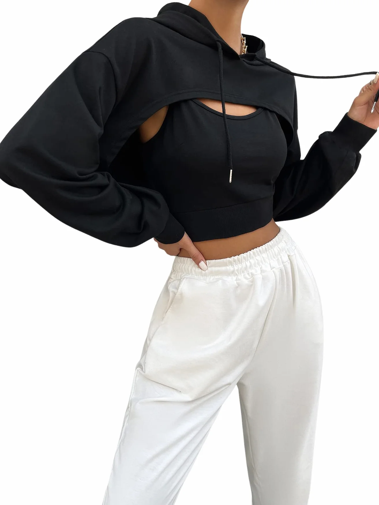GORGLITTER Damska bluza z kapturem Super Crop 2 w 1, bluza z kapturem, z długim rękawem, ze ściągaczem