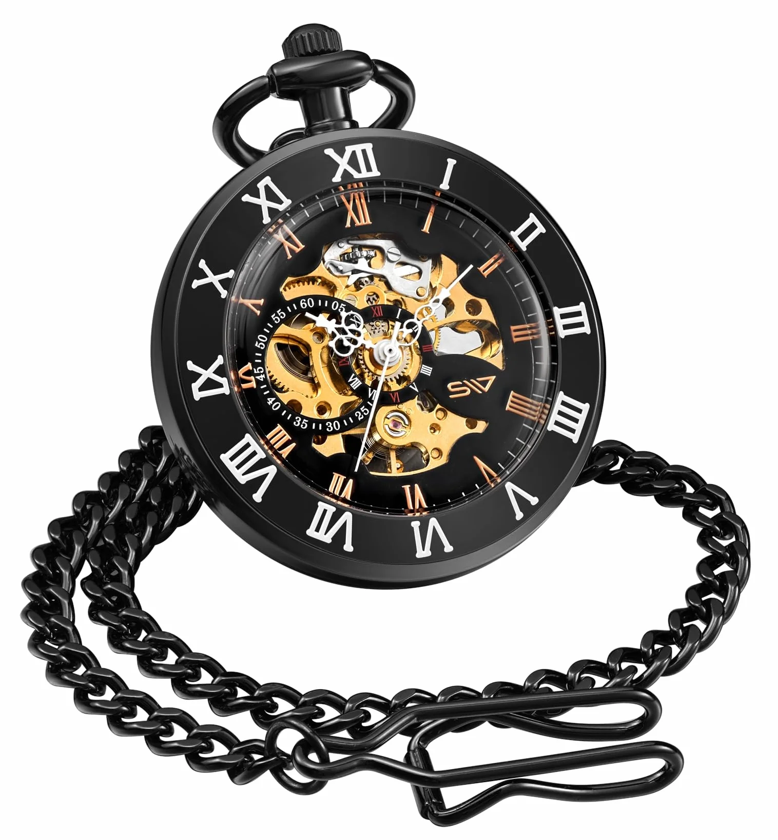 ShoppeWatch Męski zegarek kieszonkowy z łańcuszkiem | nakręcany zegarek kieszonkowy | otwarta tarcza, przezroczysty mechanizm mechaniczny, zegarek kieszonkowy i łańcuszek, akcesoria do kostiumów