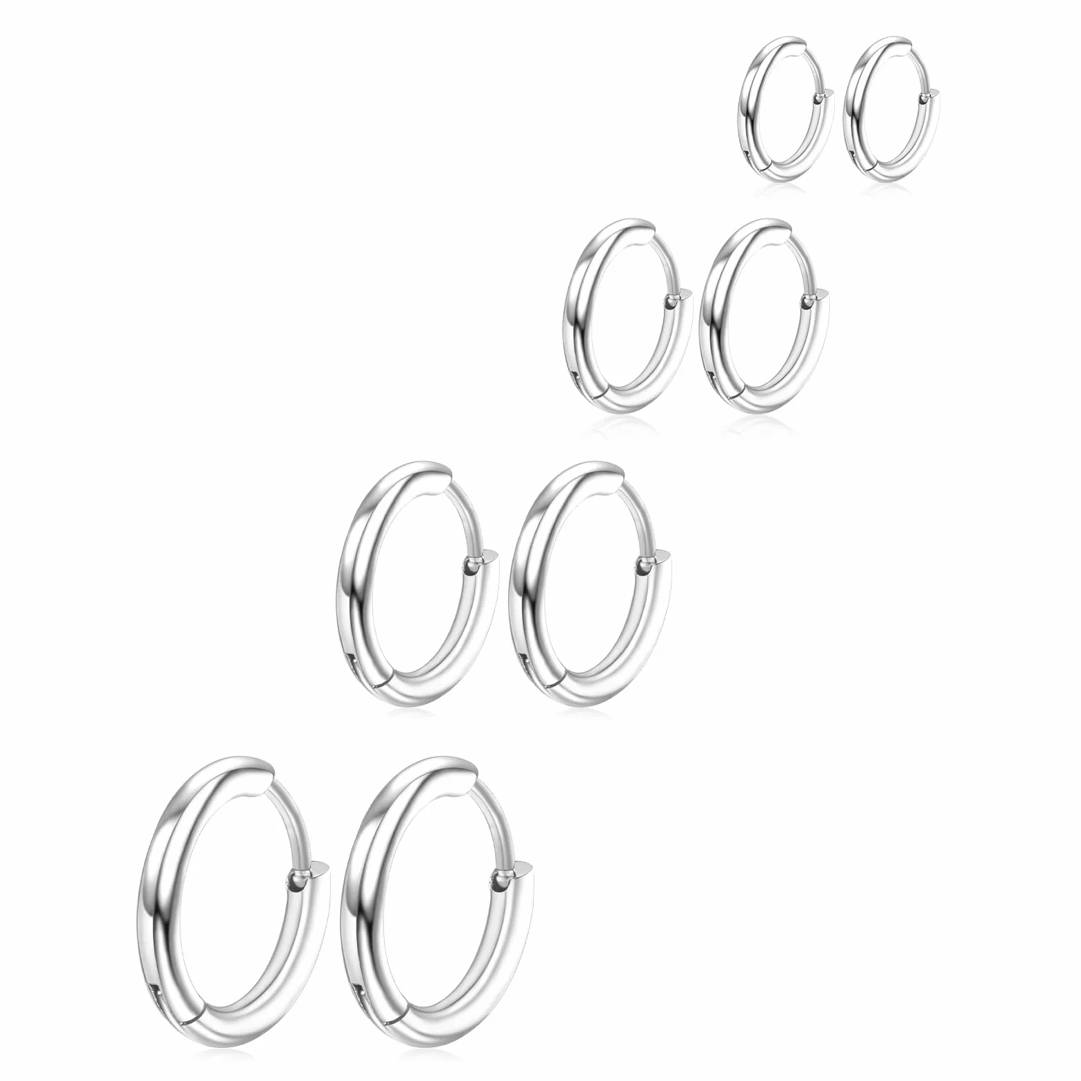Zestaw 4 par kolczyków kółek ze stali chirurgicznej 316L dla mężczyzn i kobiet – 8 mm, 10 mm, 12 mm, 14 mm – srebrny