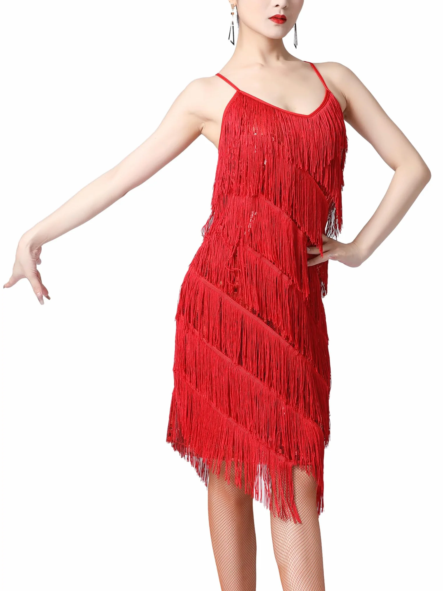 inlzdz Sukienka z frędzlami z cekinami, damska sukienka do tańca, Samba, tango, latynoska, z frędzlami, z frędzlami, seksowna letnia sukienka kopertowa, minisukienka, kostium