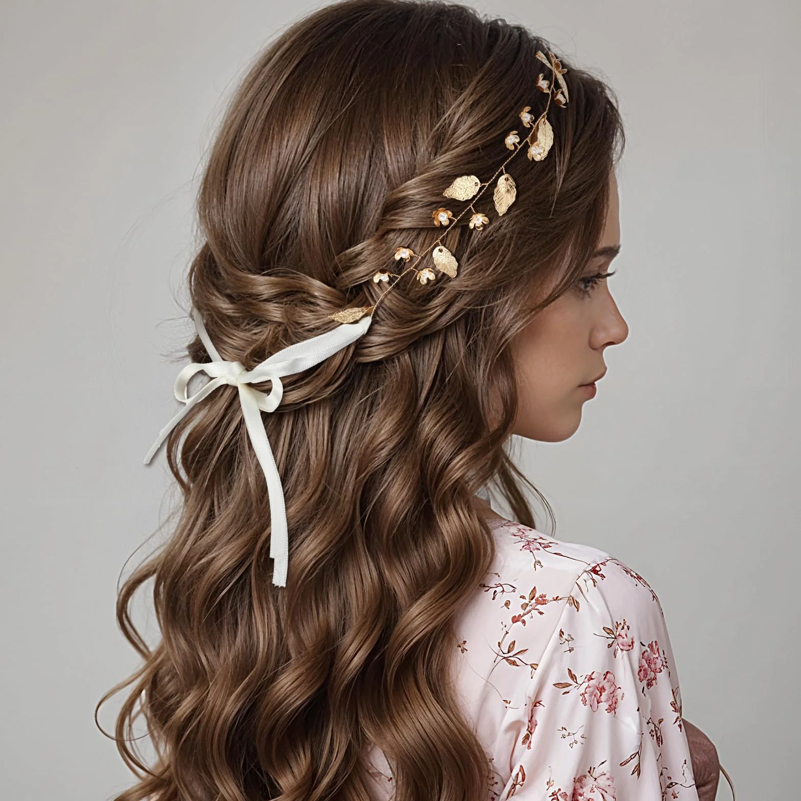 Yuanchu Ozdoba do włosów w stylu boho na wesele, złota ozdoba głowy dla panny młodej, na komunię, dla panny młodej, złota, perły, kwiaty, akcesoria do włosów, rzymska boginia, opaska do włosów, opaska