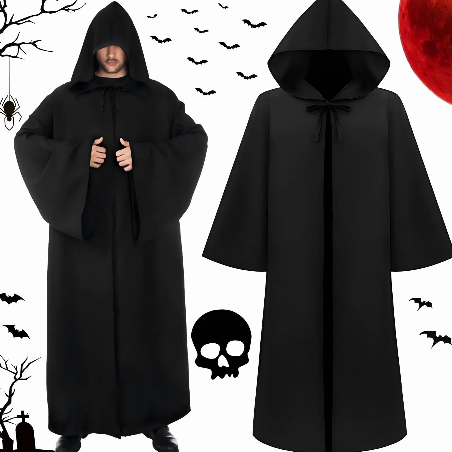 Kostium męski na Halloween – czarna peleryna z kapturem, długa peleryna z horroru dla dorosłych 175-185 cm, idealna jako kostium ghostface, kostium ponury lub peleryna wampira