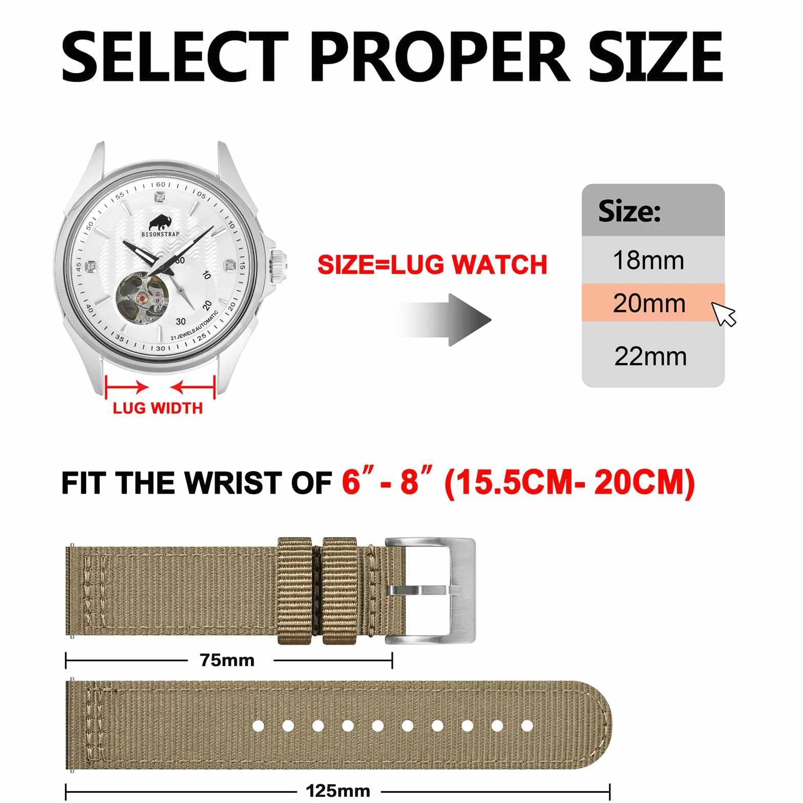 BISONSTRAP Męskie nylonowe paski do zegarków, dwuczęściowe, wojskowe, szybkie zapięcie, szczotkowana klamra, szerokość 18 mm, 19 mm, 20 mm, 22 mm