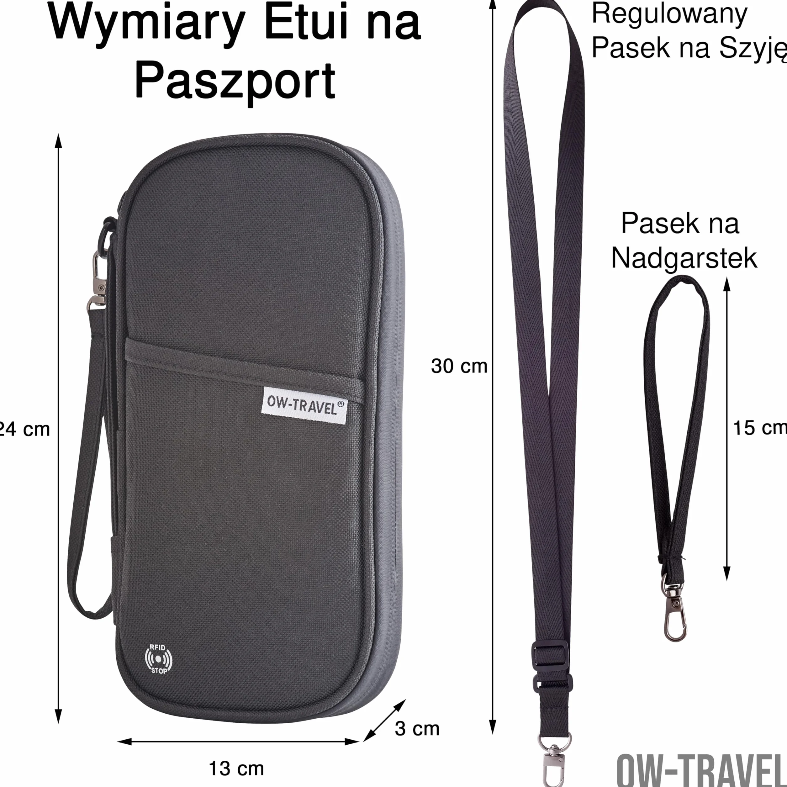 OW-Travel Etui na Paszport i Dokumenty (czarny) z ochroną RFID. Pojemne etui na paszport 4 paszporty na bilety lotnicze. Dołączone paski na nadgarstek i szyję bez użycia rąk