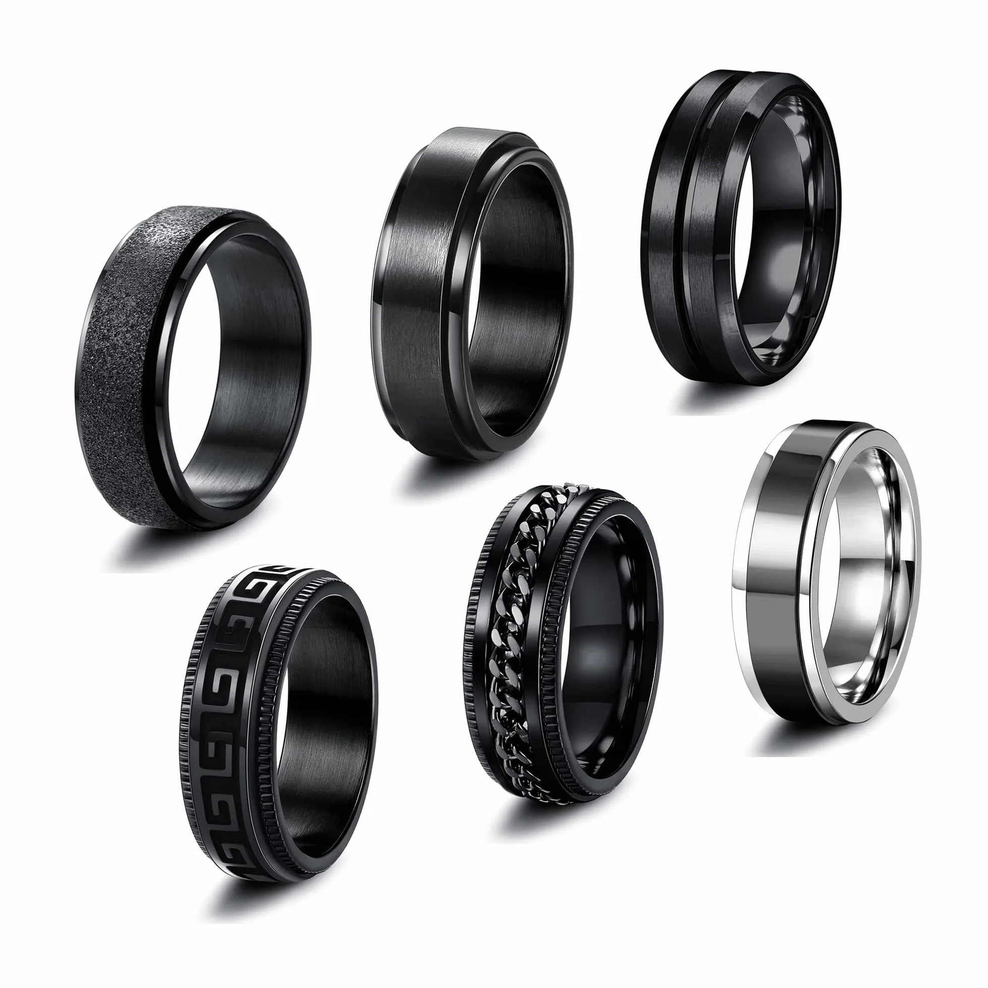 JeweBella 6 szt. męskie pierścionki skręcone ze stali nierdzewnej pierścienie obrotowe 8 mm czarne fajne celtyckie pierścionki vintage obietnica ślubna czarna obrączka zestaw pierścionków dla mężczyzn